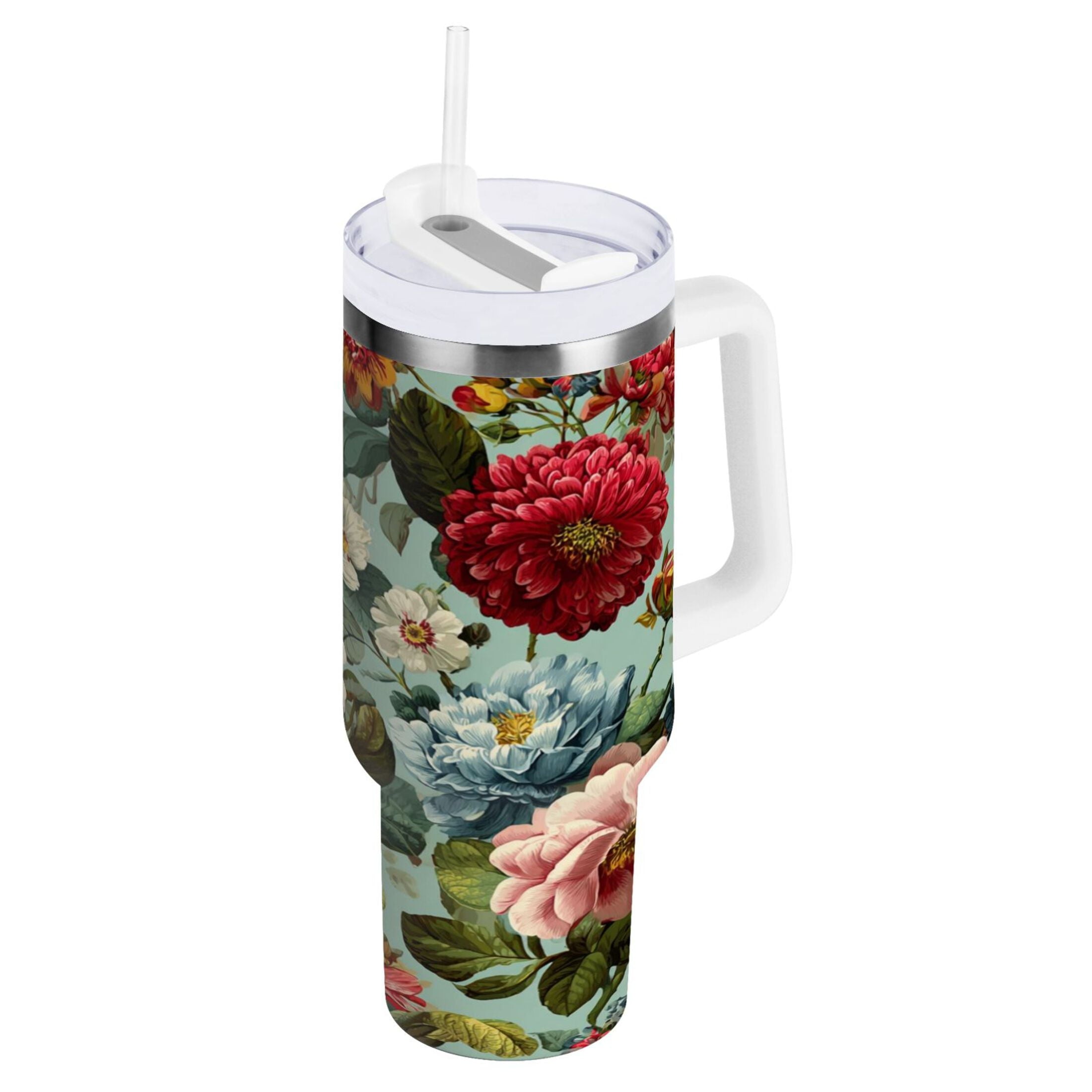 40 oz Insulated Stainless Steel Tumbler Double Wall Stainless Steel Tumbler with 2-Way Drinking Floral Pattern with Roses - S02J