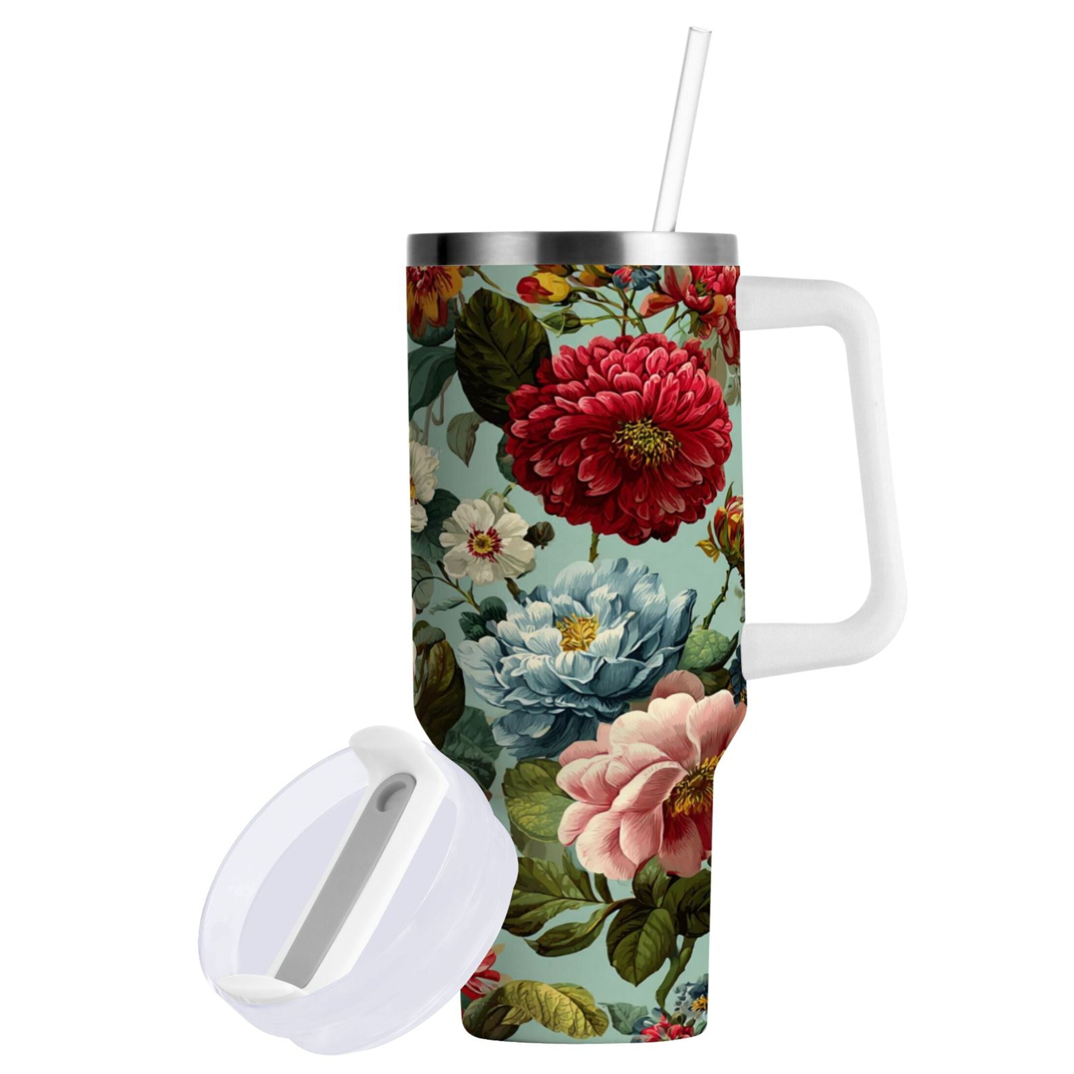 40 oz Insulated Stainless Steel Tumbler Double Wall Stainless Steel Tumbler with 2-Way Drinking Floral Pattern with Roses - S02J