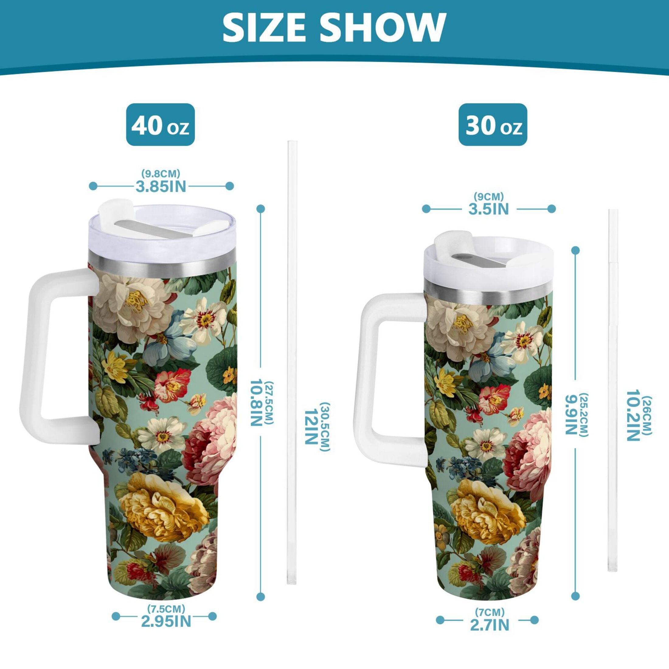 40 oz Insulated Stainless Steel Tumbler Double Wall Stainless Steel Tumbler with 2-Way Drinking Floral Pattern with Roses - S02J