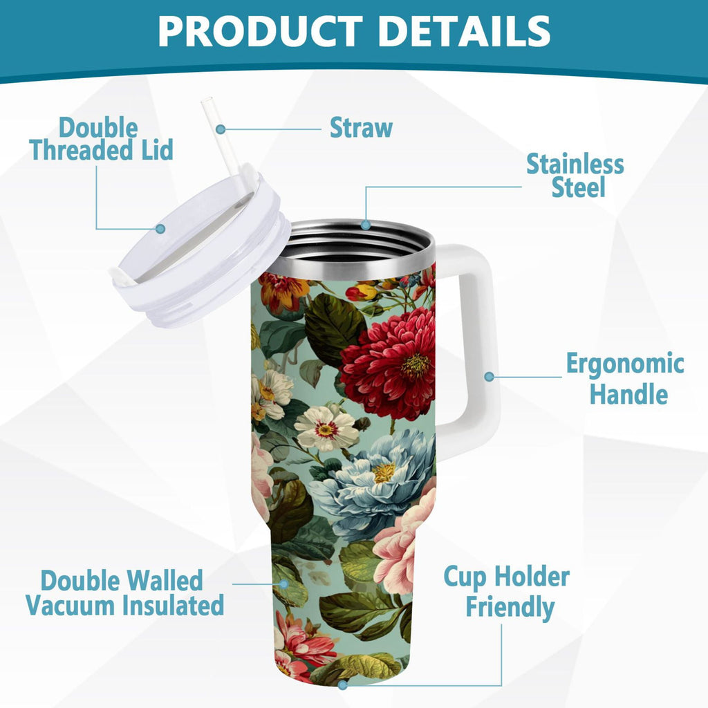 40 oz Insulated Stainless Steel Tumbler Double Wall Stainless Steel Tumbler with 2-Way Drinking Floral Pattern with Roses - S02J