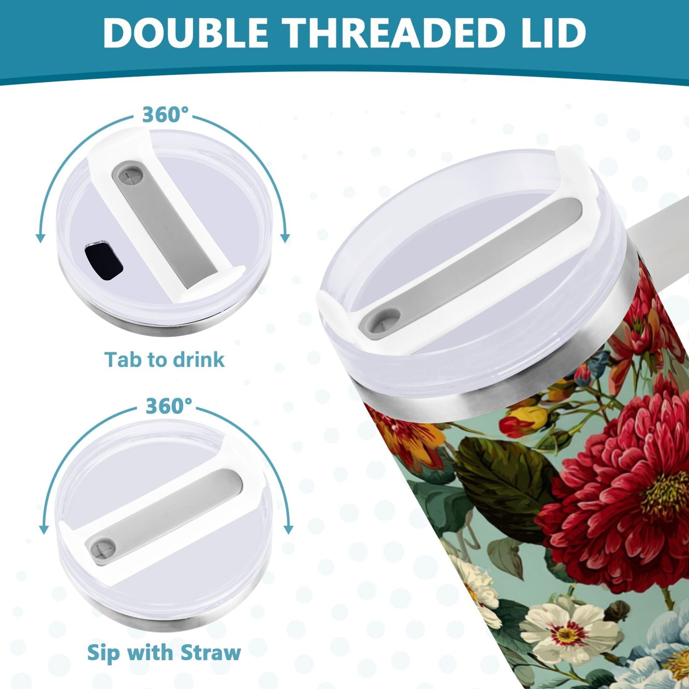 40 oz Insulated Stainless Steel Tumbler Double Wall Stainless Steel Tumbler with 2-Way Drinking Floral Pattern with Roses - S02J