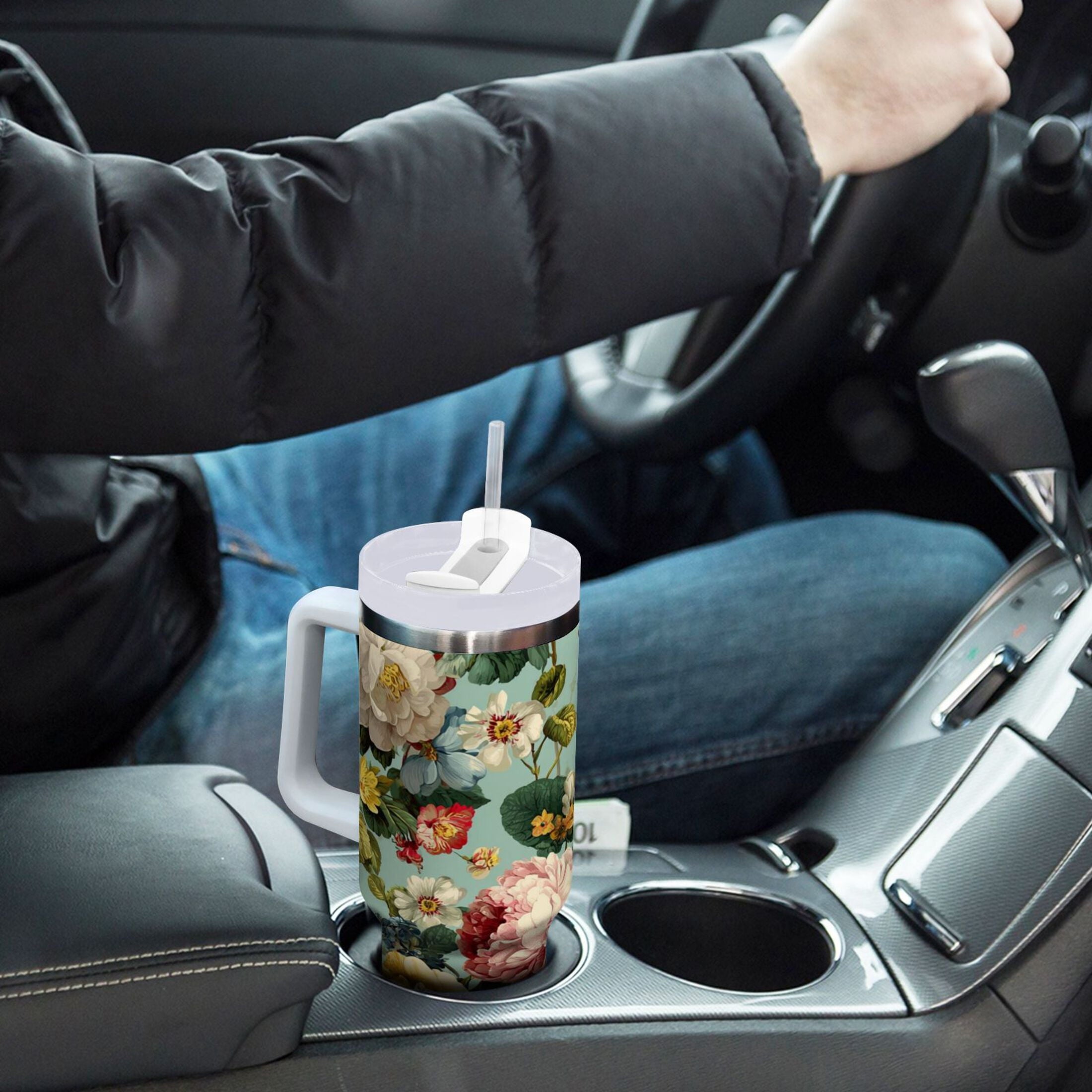 40 oz Insulated Stainless Steel Tumbler Double Wall Stainless Steel Tumbler with 2-Way Drinking Floral Pattern with Roses - S02J