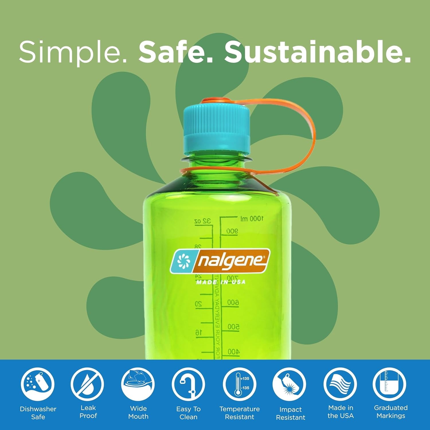 Nalgene Sustain Tritan BPA-Free Water Bottle Made with Material Derived from 50% Plastic Waste, 32 OZ, Narrow Mouth, Pear - H49T