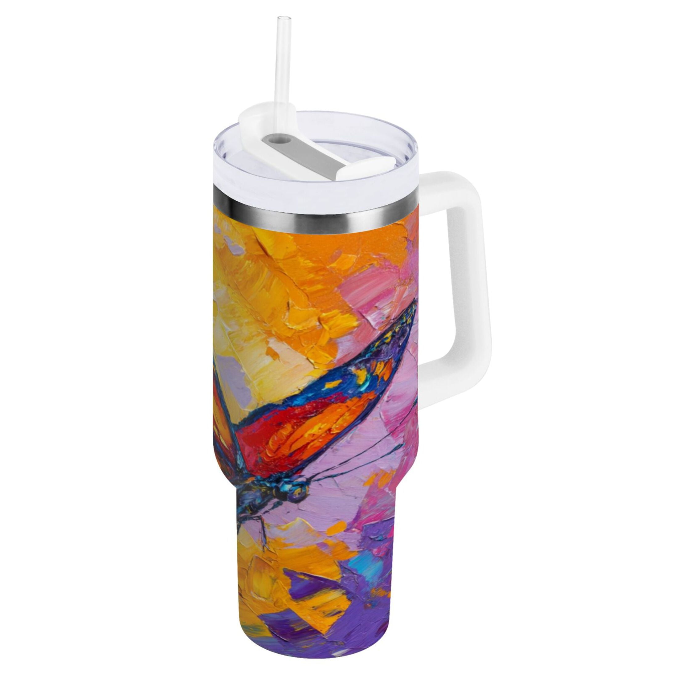 30 oz Insulated Stainless Steel Tumbler Double Wall Stainless Steel Tumbler with 2-Way Drinking Colorful Butterfly Flying - YQOT
