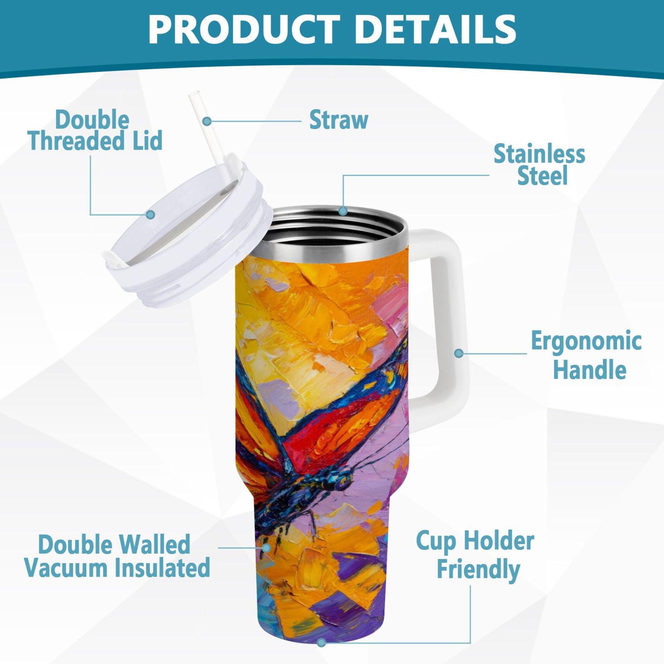 30 oz Insulated Stainless Steel Tumbler Double Wall Stainless Steel Tumbler with 2-Way Drinking Colorful Butterfly Flying - YQOT