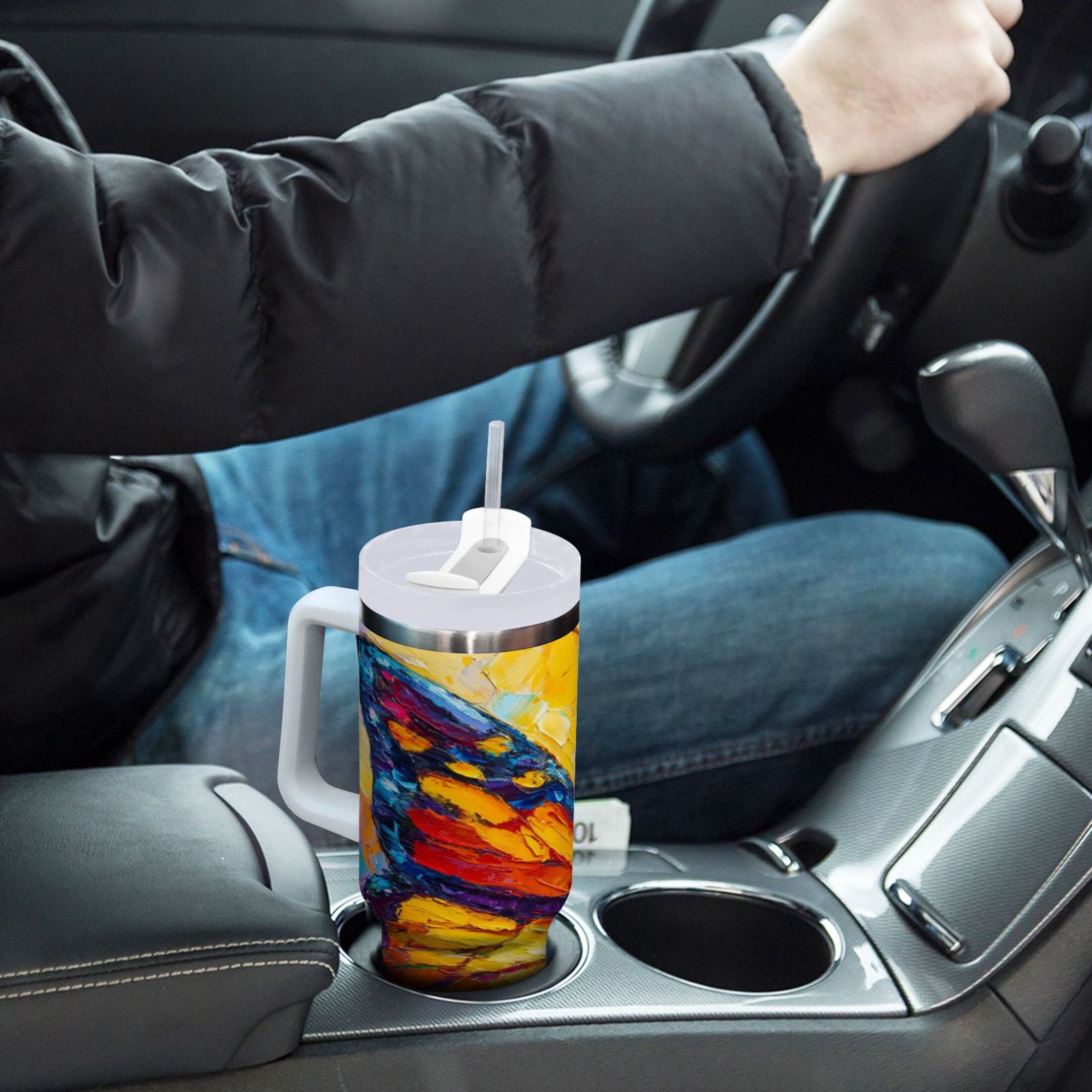 30 oz Insulated Stainless Steel Tumbler Double Wall Stainless Steel Tumbler with 2-Way Drinking Colorful Butterfly Flying - YQOT
