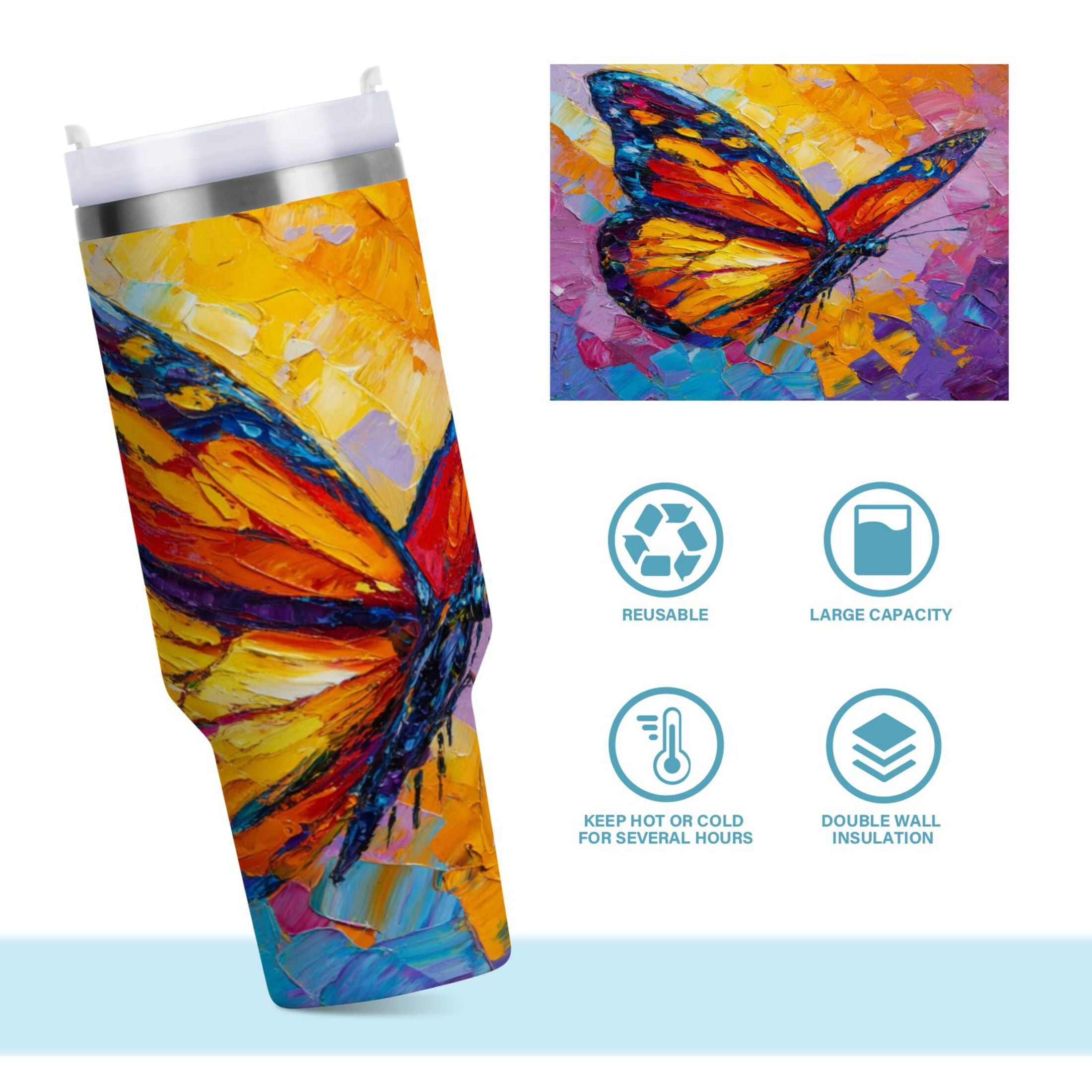30 oz Insulated Stainless Steel Tumbler Double Wall Stainless Steel Tumbler with 2-Way Drinking Colorful Butterfly Flying - YQOT