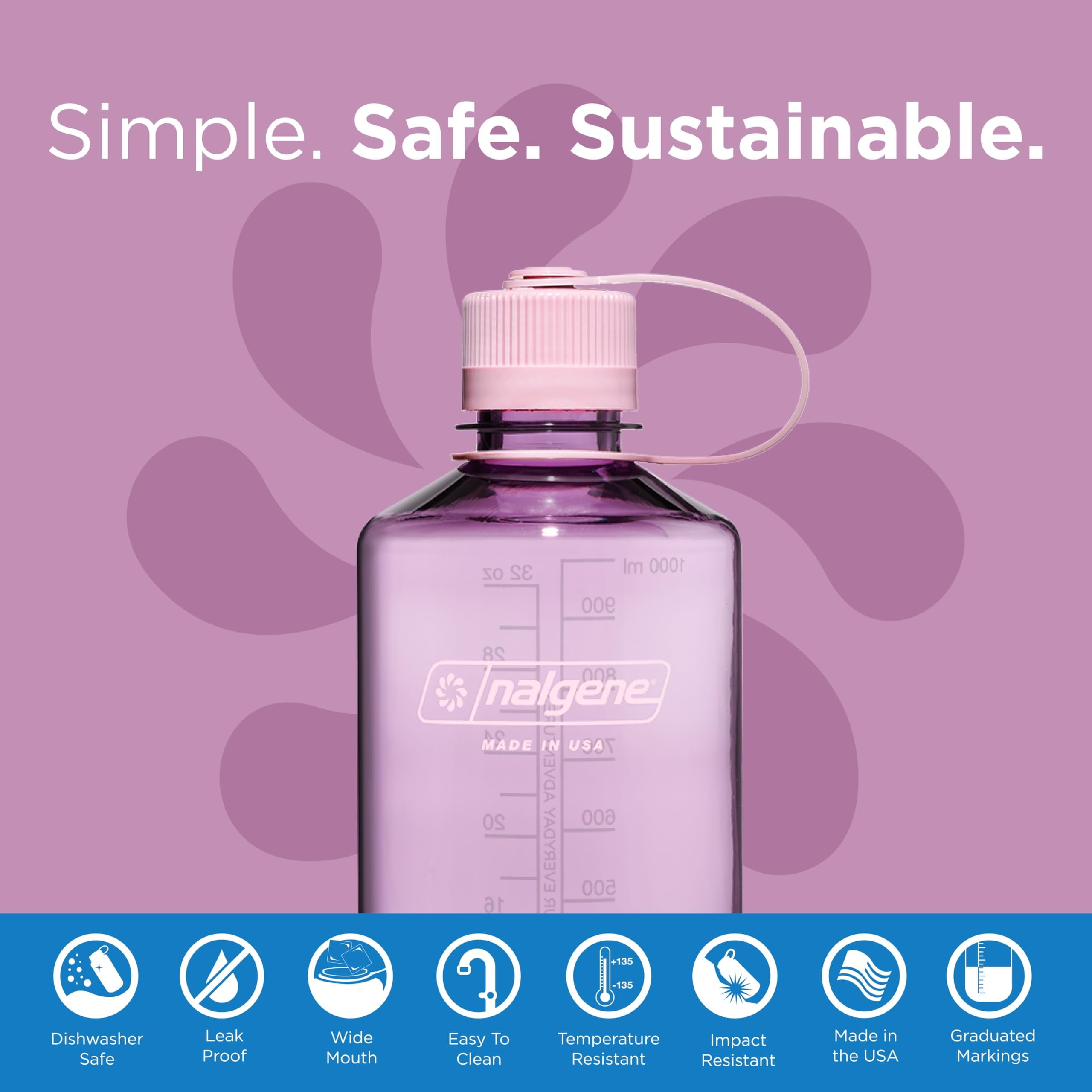 Nalgene Sustain Tritan BPA-Free Water Bottle Made with Material Derived from 50% Plastic Waste (using ISCC certified mass balance), 32 OZ, Narrow Mouth, Cherry Blossom - K4N2
