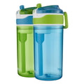 Contigo Kids 2-in-1 Snack Hero Tumbler Featuring 4oz Snack Holder Stacked on Top of 13oz Water Bottle - BPA Free, Durable Tritan w/Flexible Carry Handle &amp; Spill-Proof Valve, Green &amp; Blue – 2 Pack - THH9