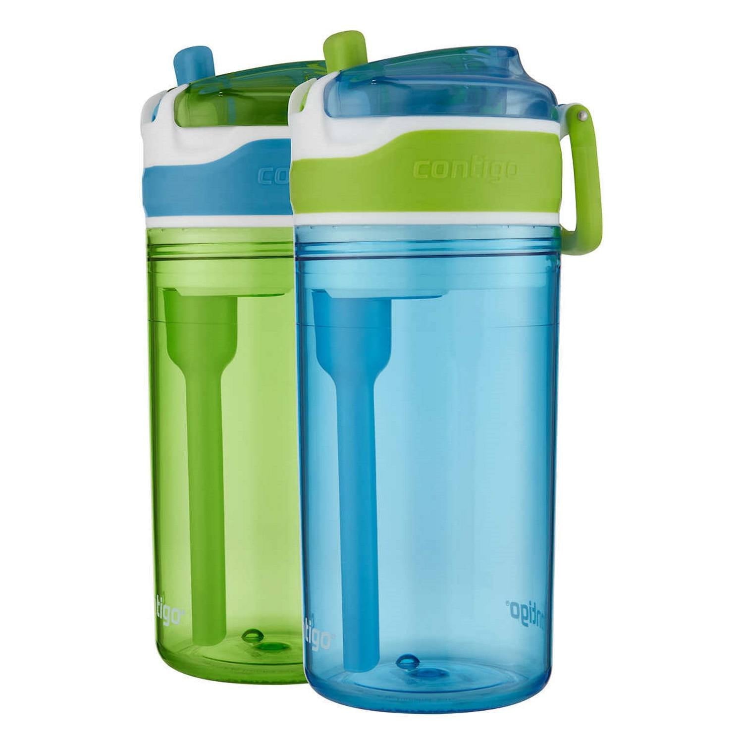 Contigo Kids 2-in-1 Snack Hero Tumbler Featuring 4oz Snack Holder Stacked on Top of 13oz Water Bottle - BPA Free, Durable Tritan w/Flexible Carry Handle &amp; Spill-Proof Valve, Green &amp; Blue – 2 Pack - THH9