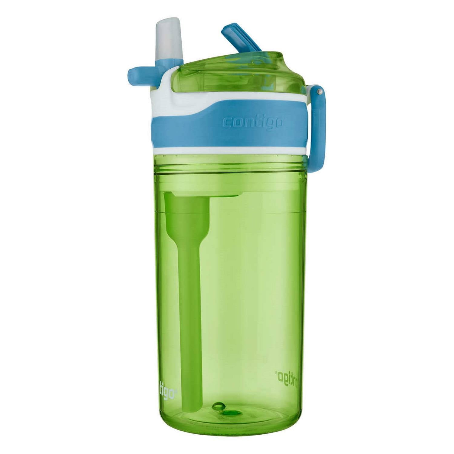 Contigo Kids 2-in-1 Snack Hero Tumbler Featuring 4oz Snack Holder Stacked on Top of 13oz Water Bottle - BPA Free, Durable Tritan w/Flexible Carry Handle &amp; Spill-Proof Valve, Green &amp; Blue – 2 Pack - THH9