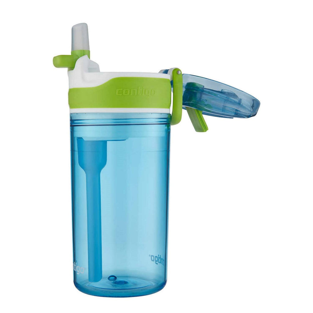 Contigo Kids 2-in-1 Snack Hero Tumbler Featuring 4oz Snack Holder Stacked on Top of 13oz Water Bottle - BPA Free, Durable Tritan w/Flexible Carry Handle &amp; Spill-Proof Valve, Green &amp; Blue – 2 Pack - THH9