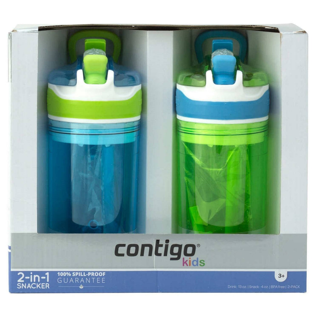 Contigo Kids 2-in-1 Snack Hero Tumbler Featuring 4oz Snack Holder Stacked on Top of 13oz Water Bottle - BPA Free, Durable Tritan w/Flexible Carry Handle &amp; Spill-Proof Valve, Green &amp; Blue – 2 Pack - THH9