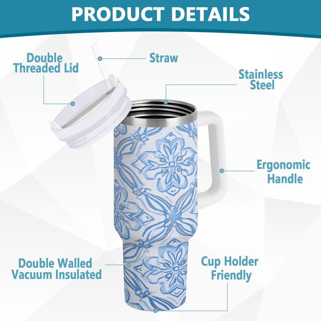 30 oz Insulated Stainless Steel Tumbler Double Wall Stainless Steel Tumbler with 2-Way Drinking Blue Elegant Geometric Design - 789V