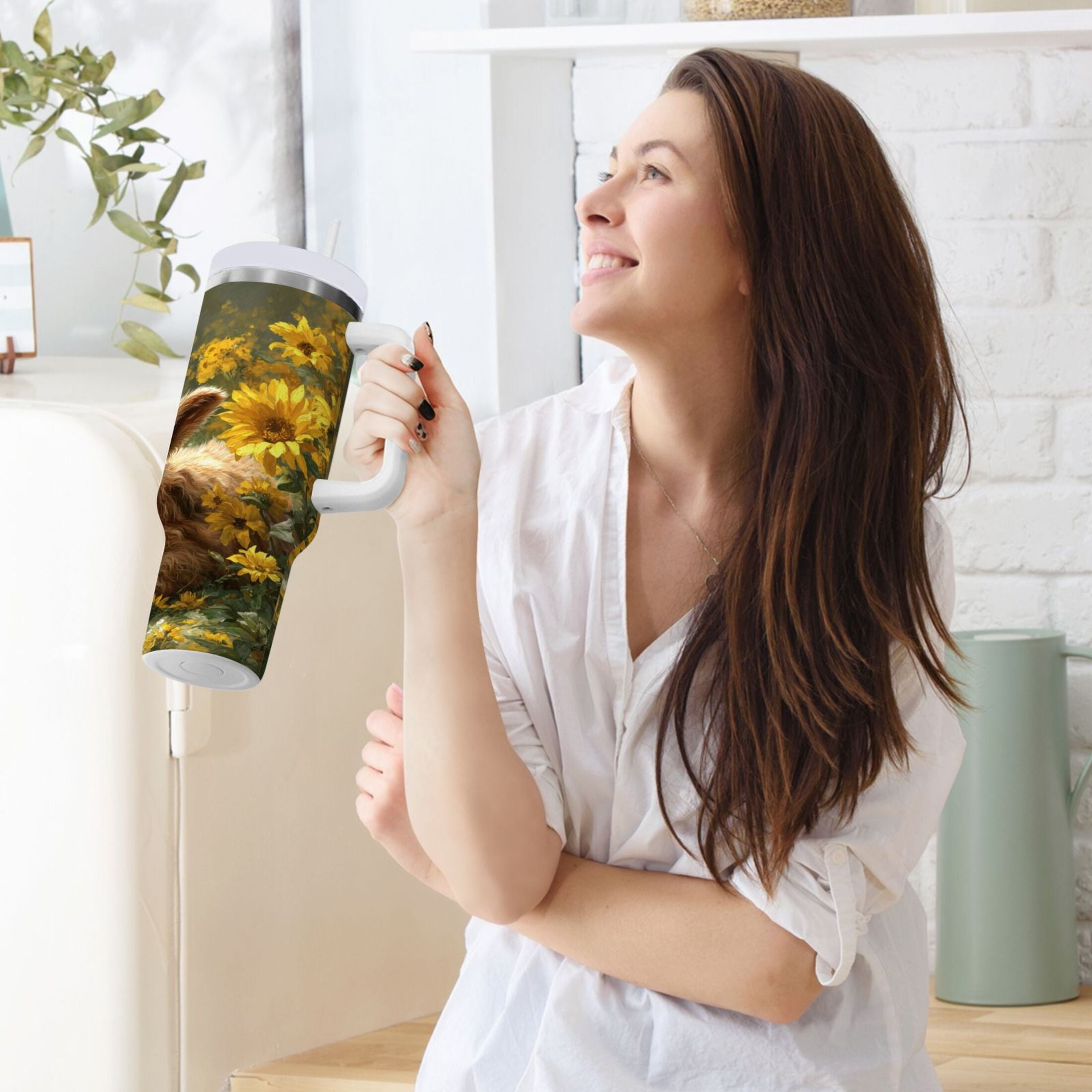 40 oz Insulated Stainless Steel Tumbler Double Wall Stainless Steel Tumbler with 2-Way Drinking Cow Lying in Sunflowers - WSHB