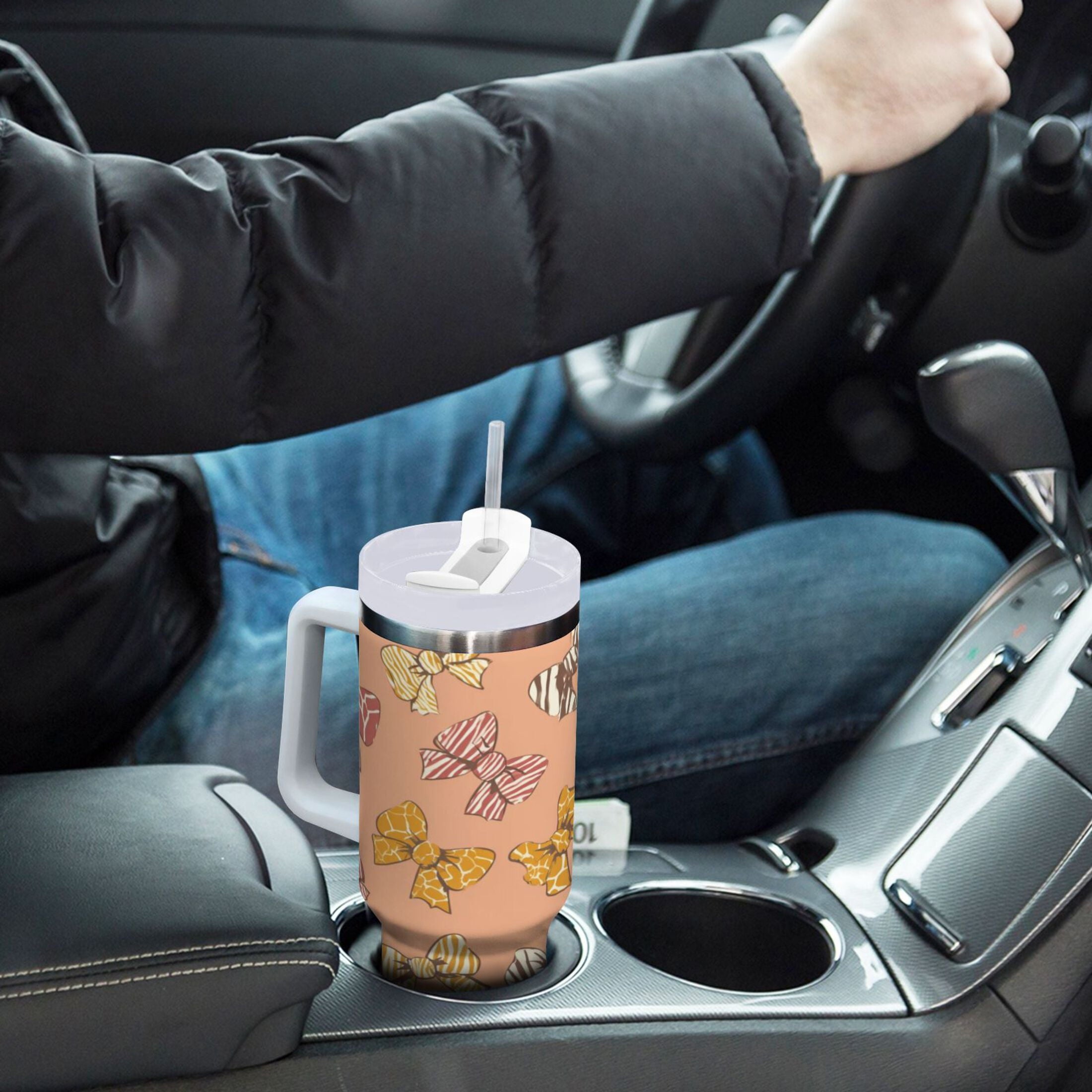 40 oz Insulated Stainless Steel Tumbler Double Wall Stainless Steel Tumbler with 2-Way Drinking Cute Animal Print Bows - BNHY