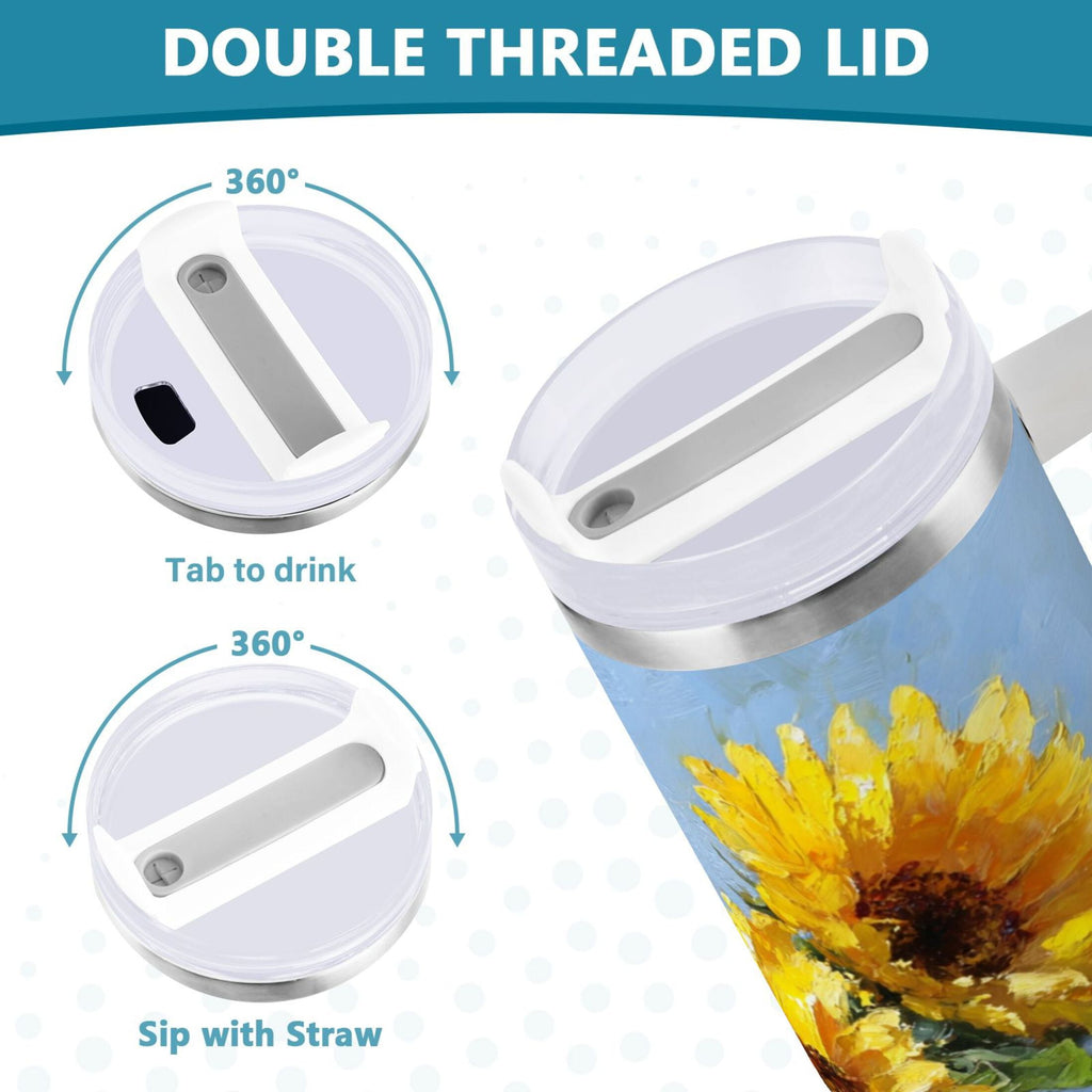40 oz Insulated Stainless Steel Tumbler Double Wall Stainless Steel Tumbler with 2-Way Drinking Sunflowers Painting - 59QY