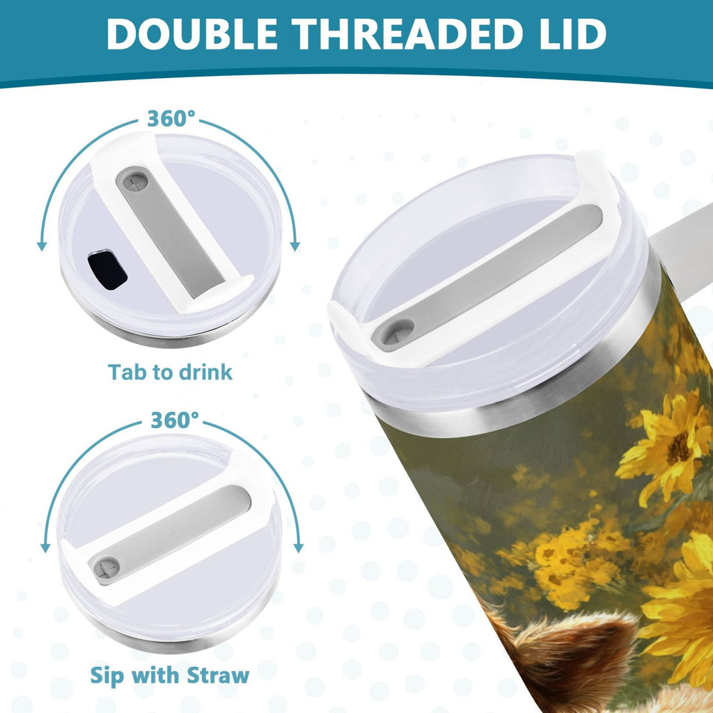 40 oz Insulated Stainless Steel Tumbler Double Wall Stainless Steel Tumbler with 2-Way Drinking Cow Lying in Sunflowers - WSHB