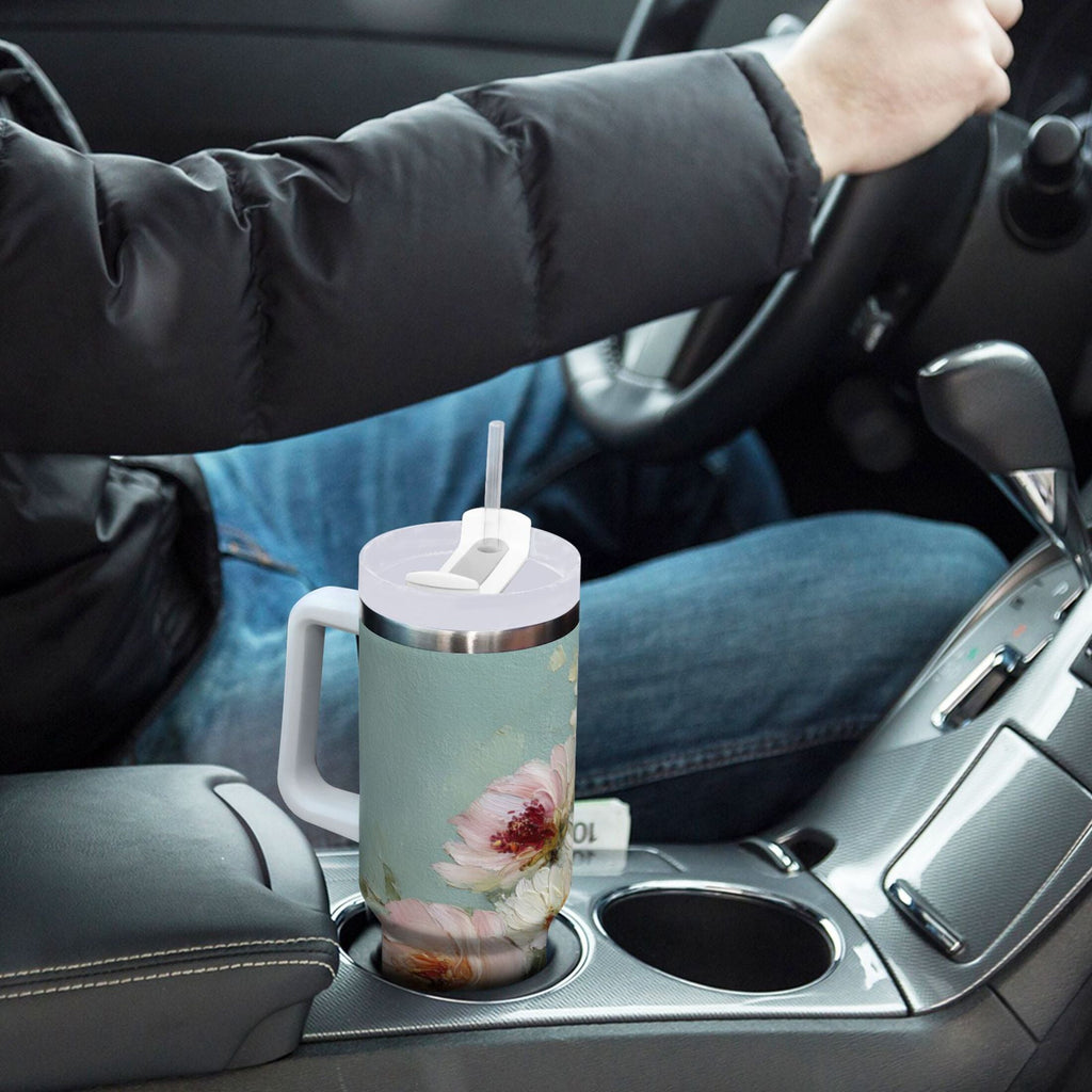 40 oz Insulated Stainless Steel Tumbler Double Wall Stainless Steel Tumbler with 2-Way Drinking Vintage Peonies and Daisies - 6235