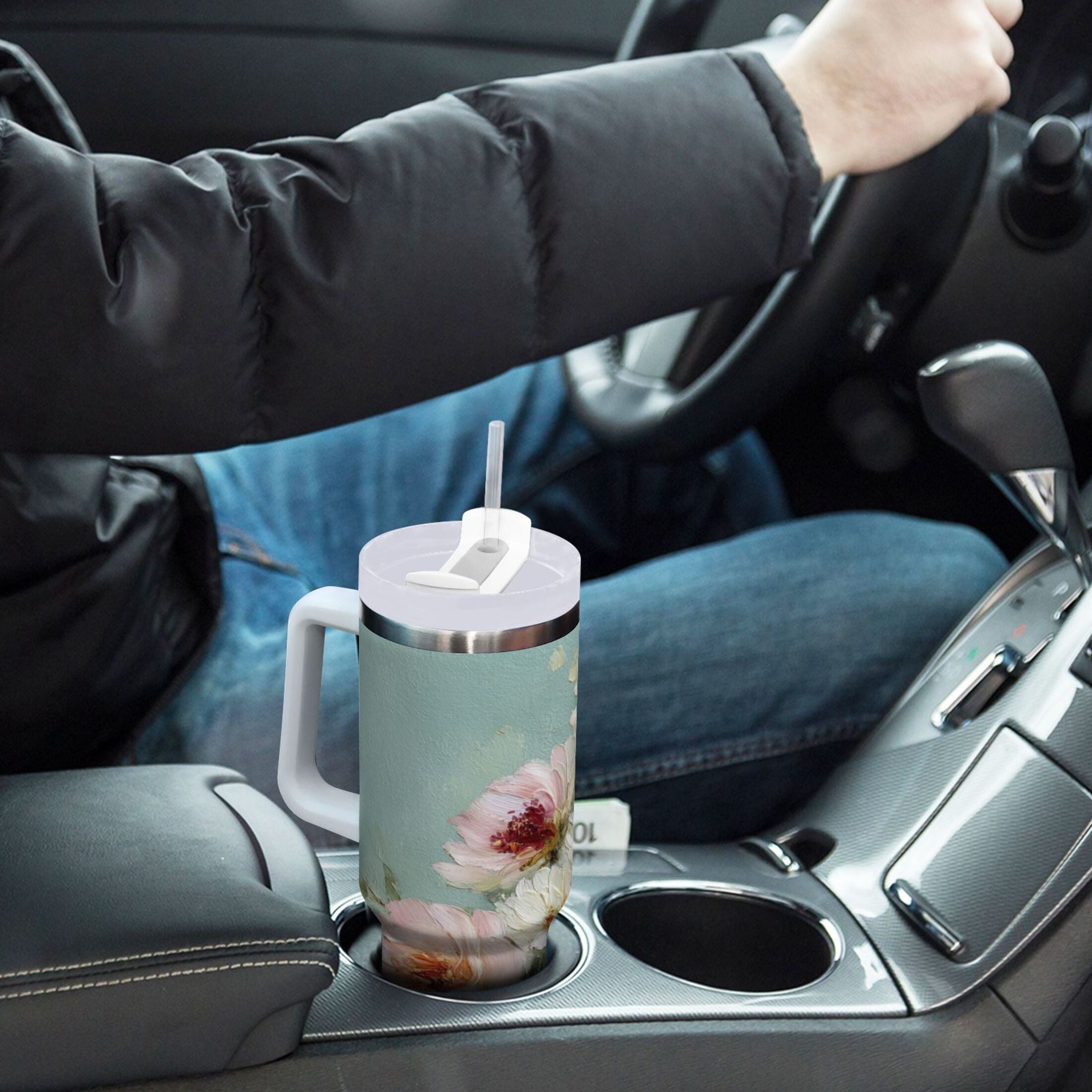 40 oz Insulated Stainless Steel Tumbler Double Wall Stainless Steel Tumbler with 2-Way Drinking Vintage Peonies and Daisies - 6235