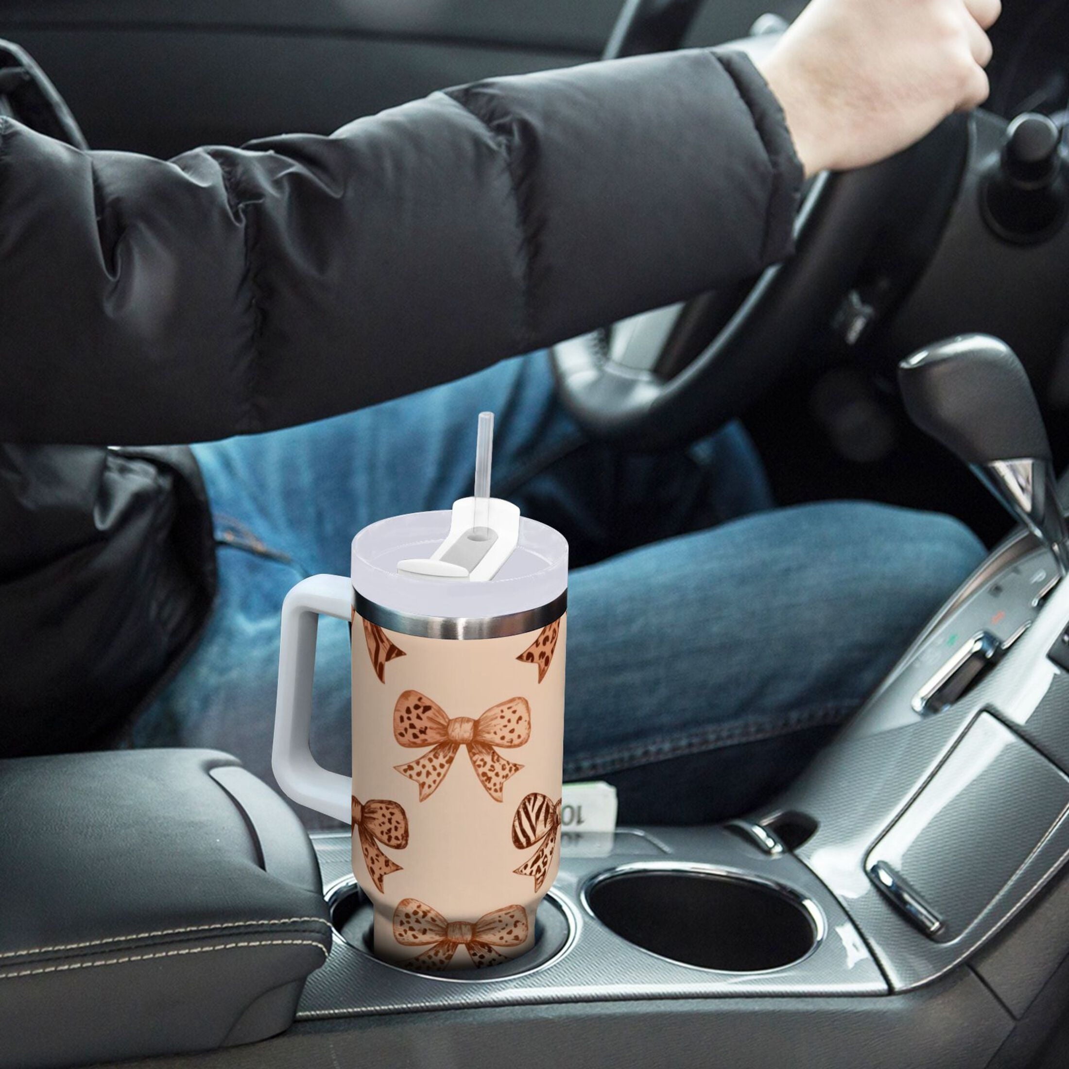 40 oz Insulated Stainless Steel Tumbler Double Wall Stainless Steel Tumbler with 2-Way Drinking Leopard Print Bow - Q3LB