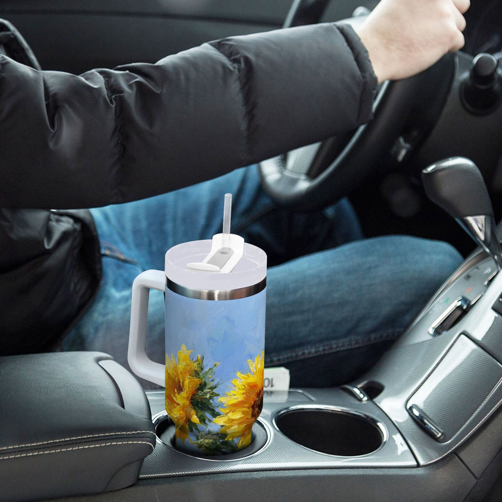 40 oz Insulated Stainless Steel Tumbler Double Wall Stainless Steel Tumbler with 2-Way Drinking Sunflowers Painting - 59QY
