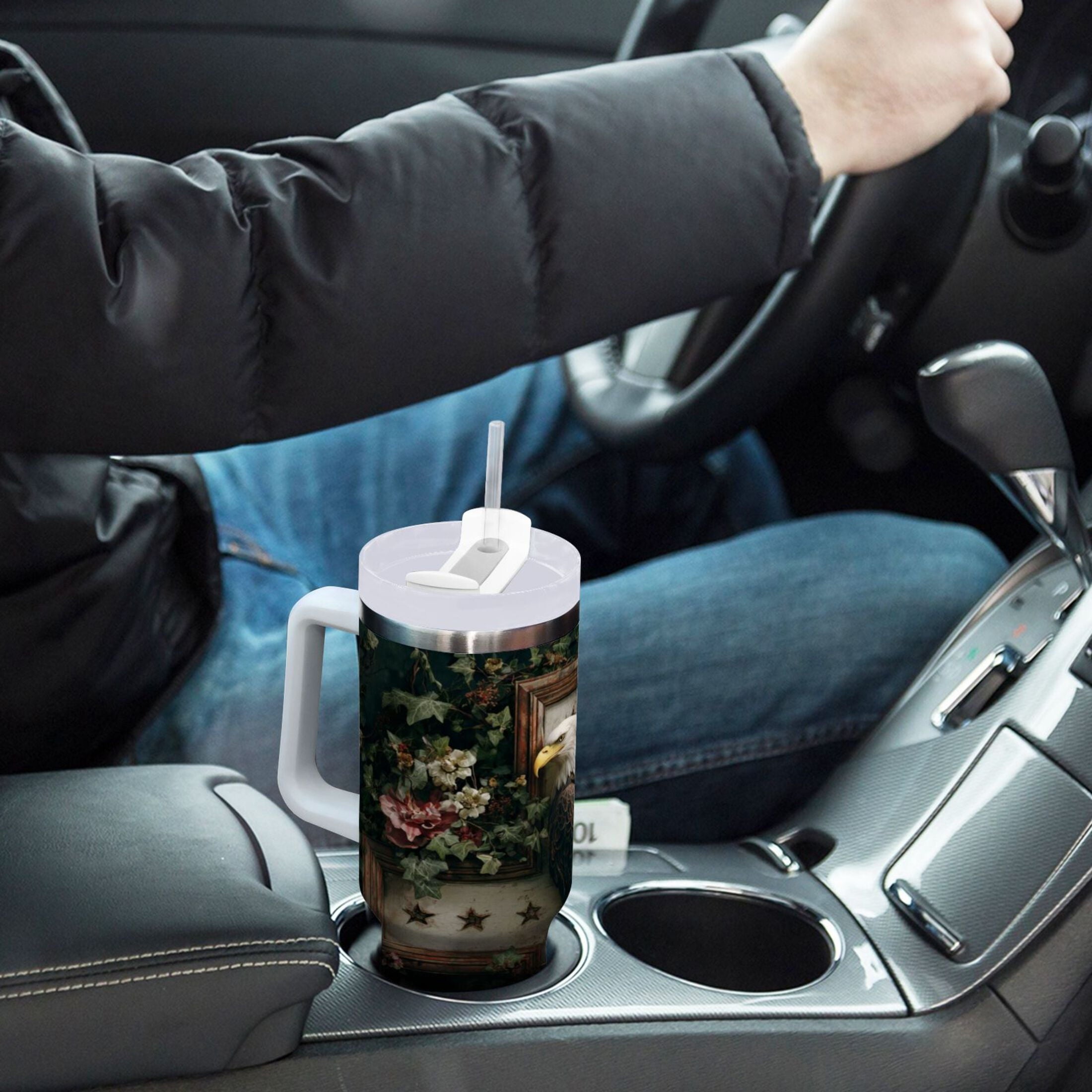 30 oz Insulated Stainless Steel Tumbler Double Wall Stainless Steel Tumbler with 2-Way Drinking Wreath and Bald Eagle - J2JK