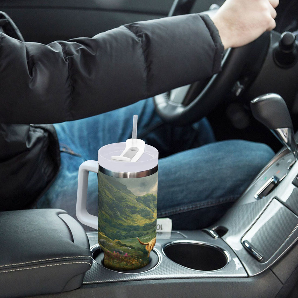 30 oz Insulated Stainless Steel Tumbler Double Wall Stainless Steel Tumbler with 2-Way Drinking Cow in Green Rolling Hills - W34T