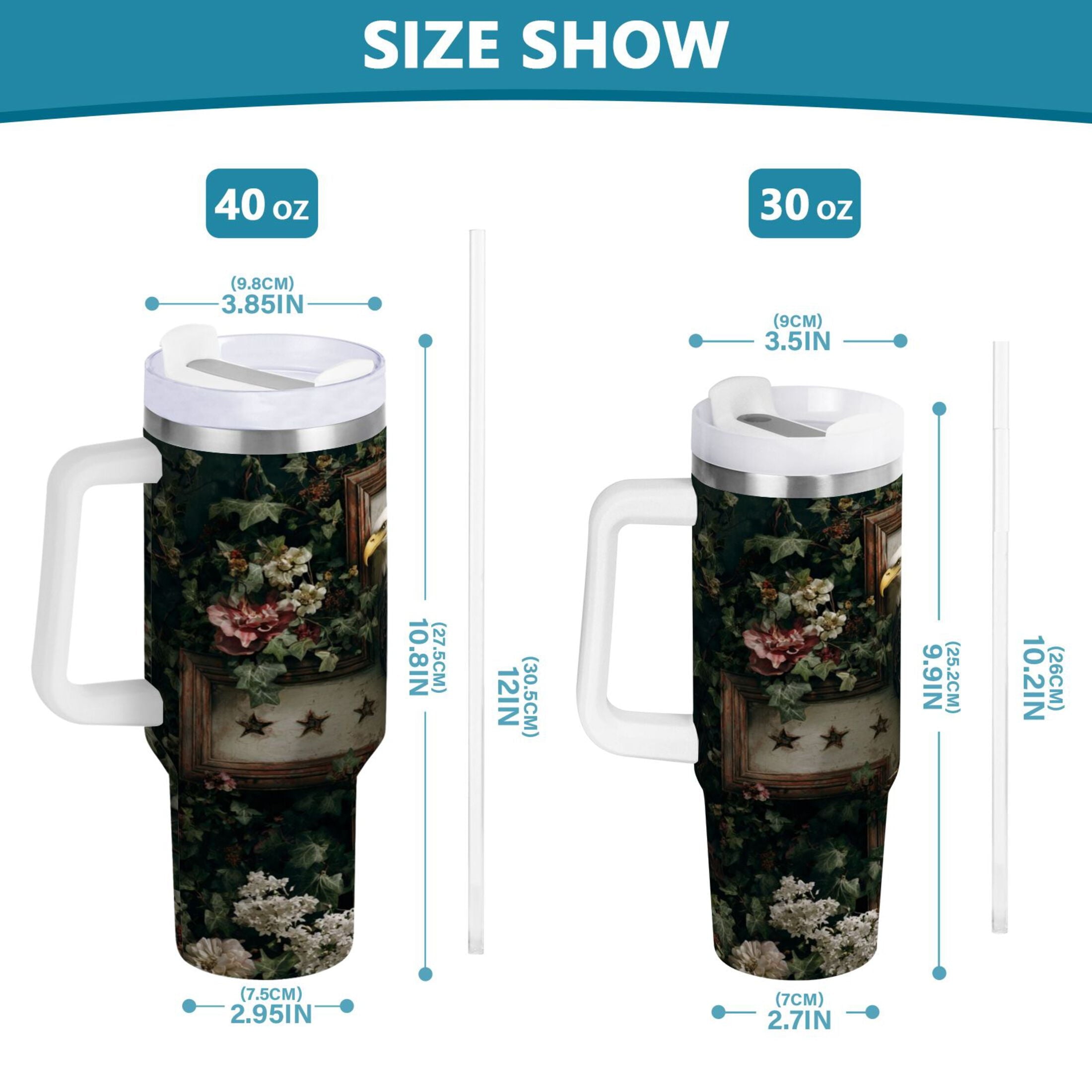 30 oz Insulated Stainless Steel Tumbler Double Wall Stainless Steel Tumbler with 2-Way Drinking Wreath and Bald Eagle - J2JK