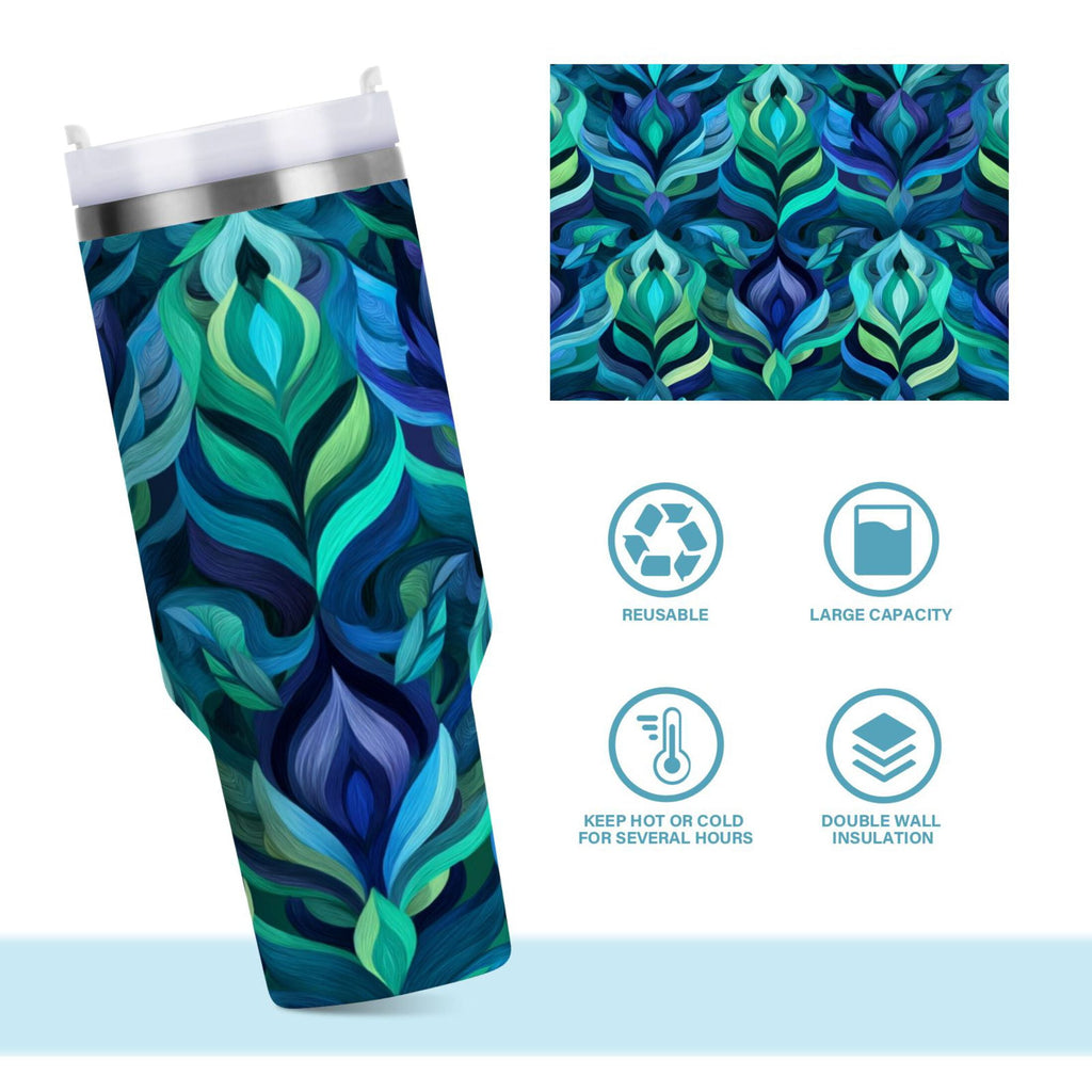 40 oz Insulated Stainless Steel Tumbler Double Wall Stainless Steel Tumbler with 2-Way Drinking Elegant Blue Abstract Shapes - BNTB