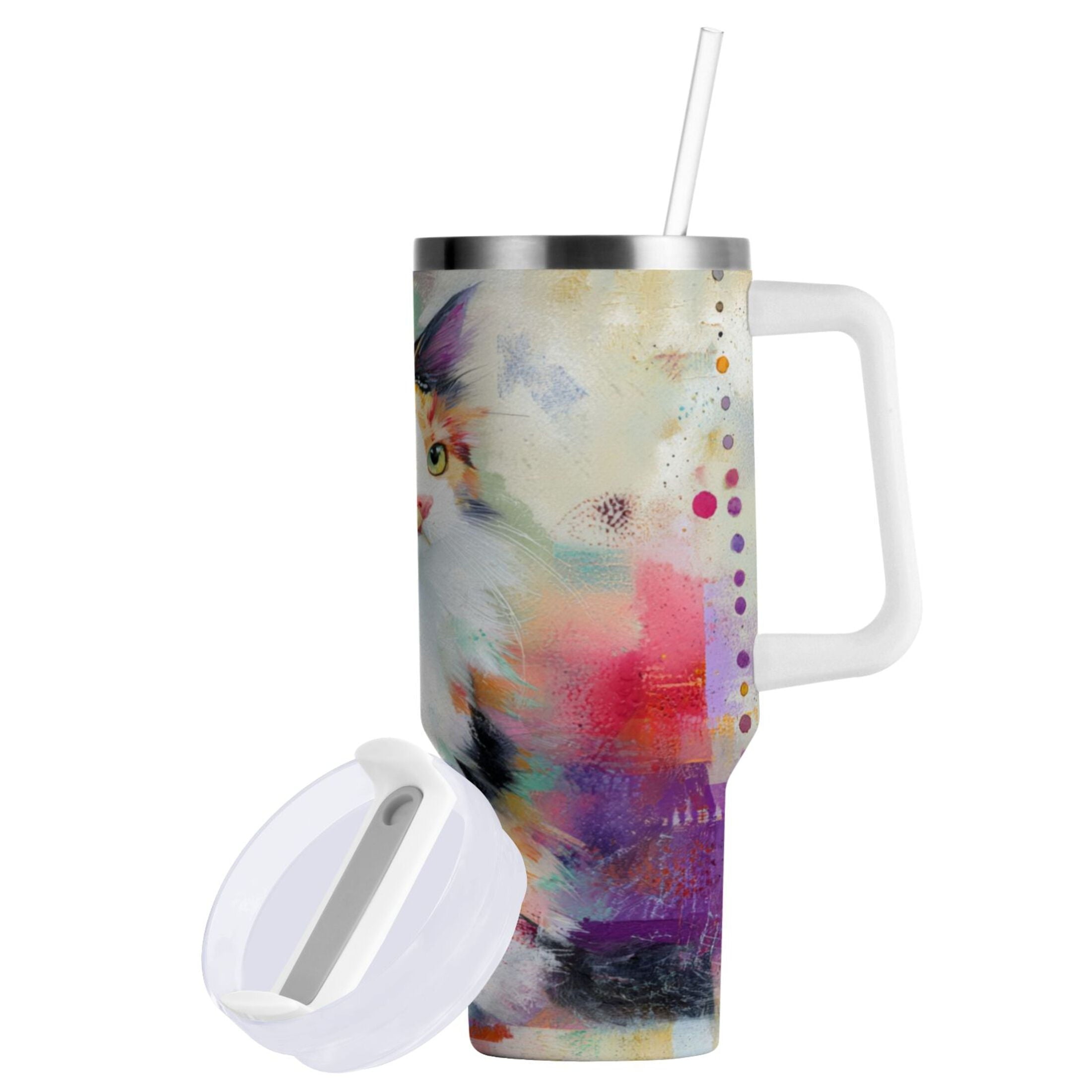 30 oz Insulated Stainless Steel Tumbler Double Wall Stainless Steel Tumbler with 2-Way Drinking Charming Hairy Cat - 7DUD