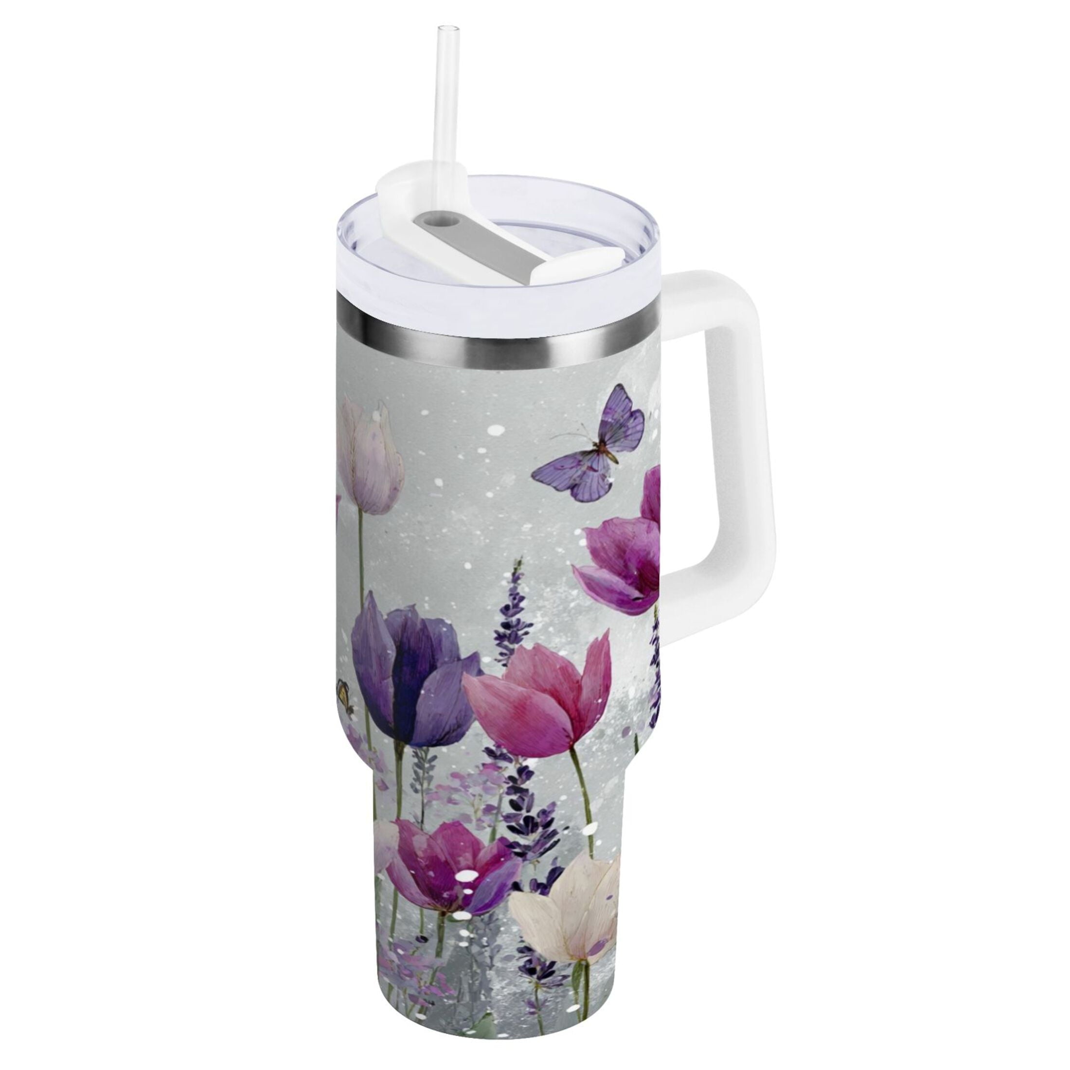 40 oz Insulated Stainless Steel Tumbler Double Wall Stainless Steel Tumbler with 2-Way Drinking Colorful Tulips and Lavender - U4YT