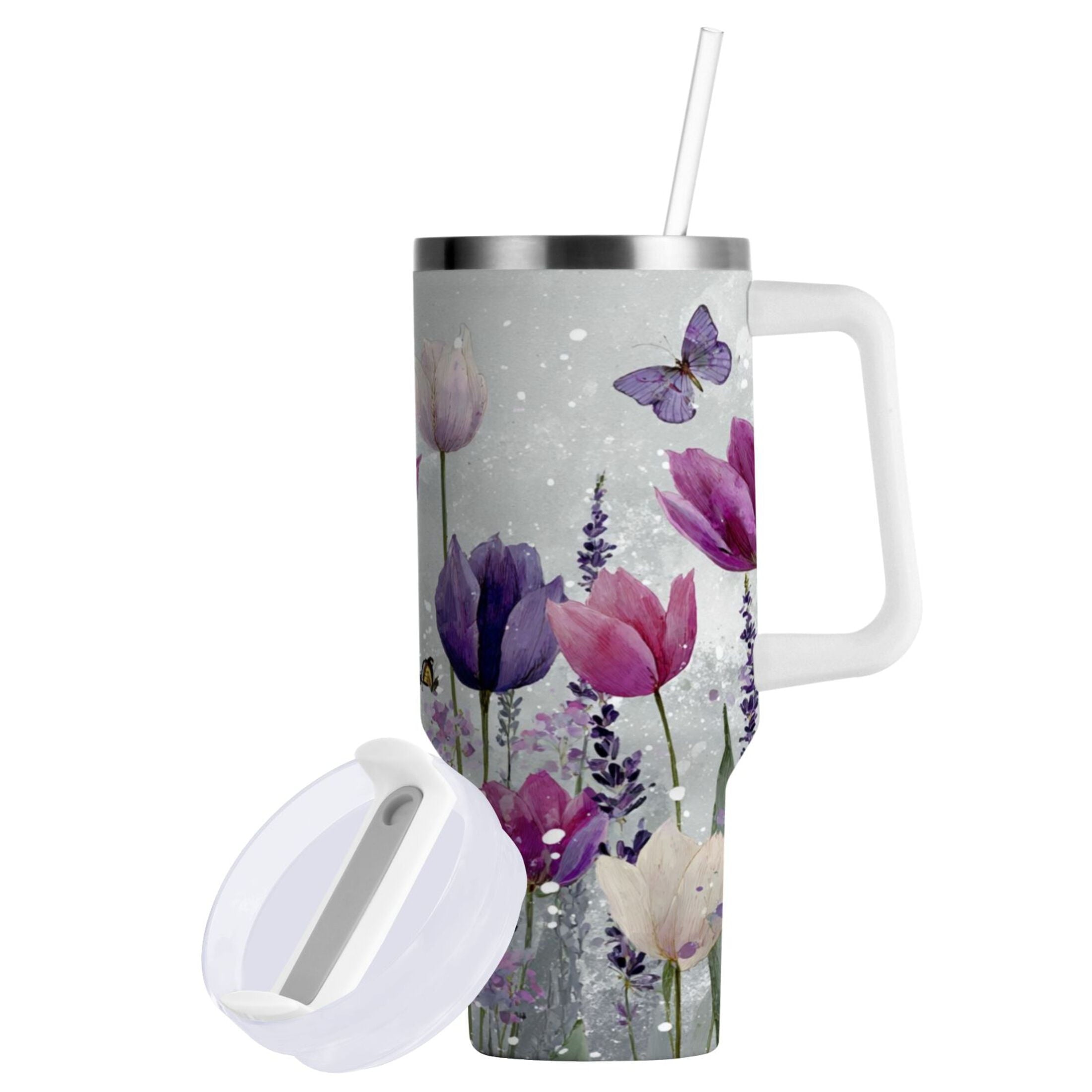 40 oz Insulated Stainless Steel Tumbler Double Wall Stainless Steel Tumbler with 2-Way Drinking Colorful Tulips and Lavender - U4YT