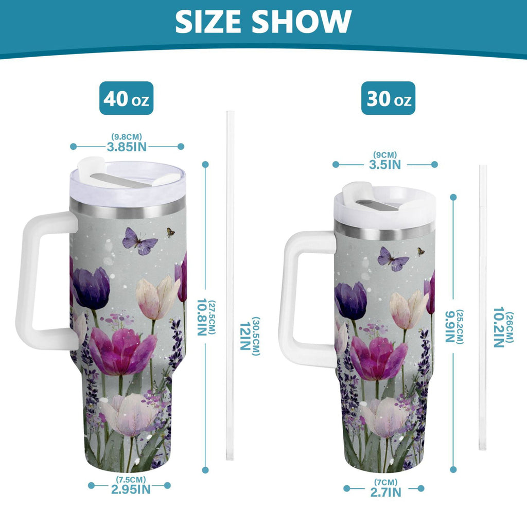 40 oz Insulated Stainless Steel Tumbler Double Wall Stainless Steel Tumbler with 2-Way Drinking Colorful Tulips and Lavender - U4YT