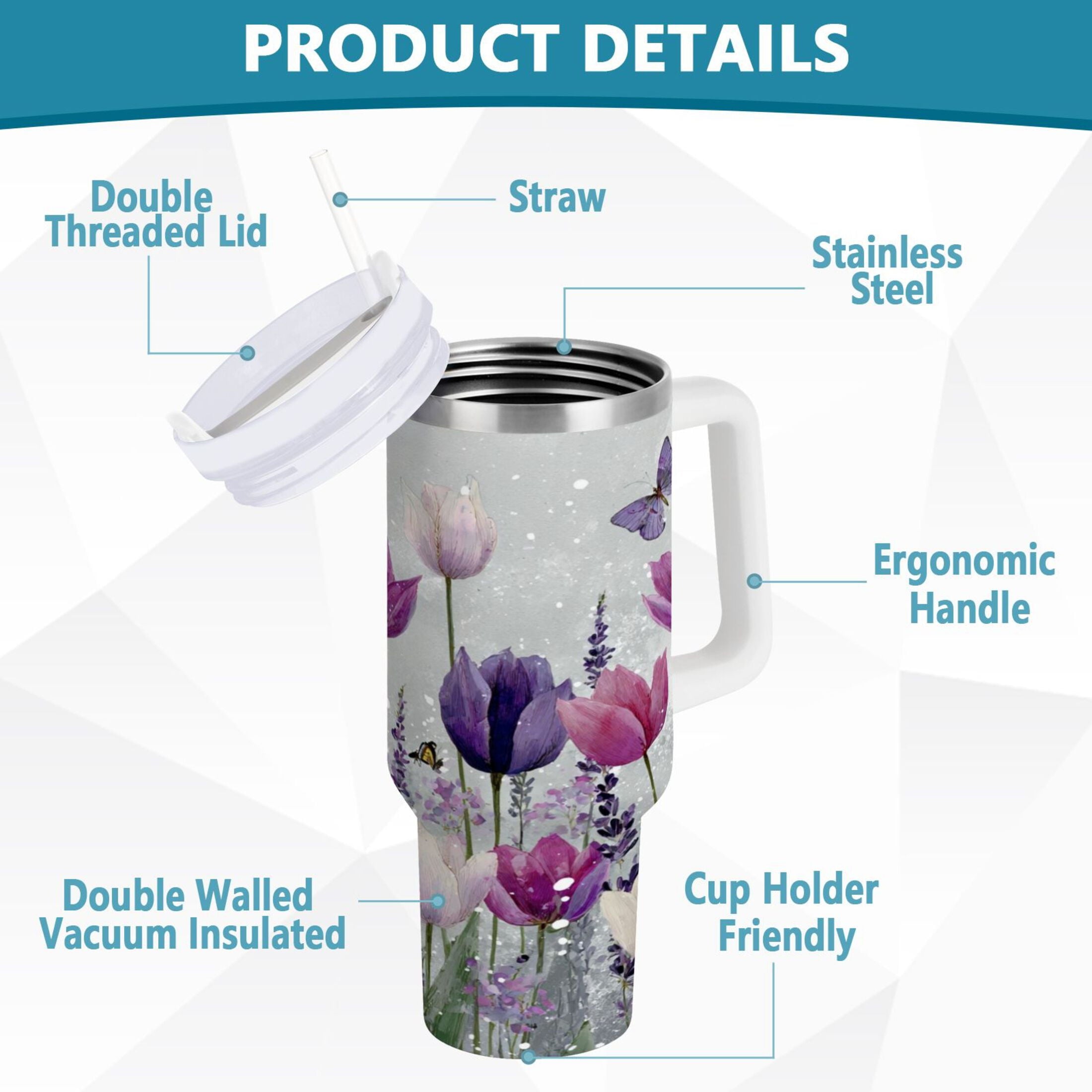 40 oz Insulated Stainless Steel Tumbler Double Wall Stainless Steel Tumbler with 2-Way Drinking Colorful Tulips and Lavender - U4YT