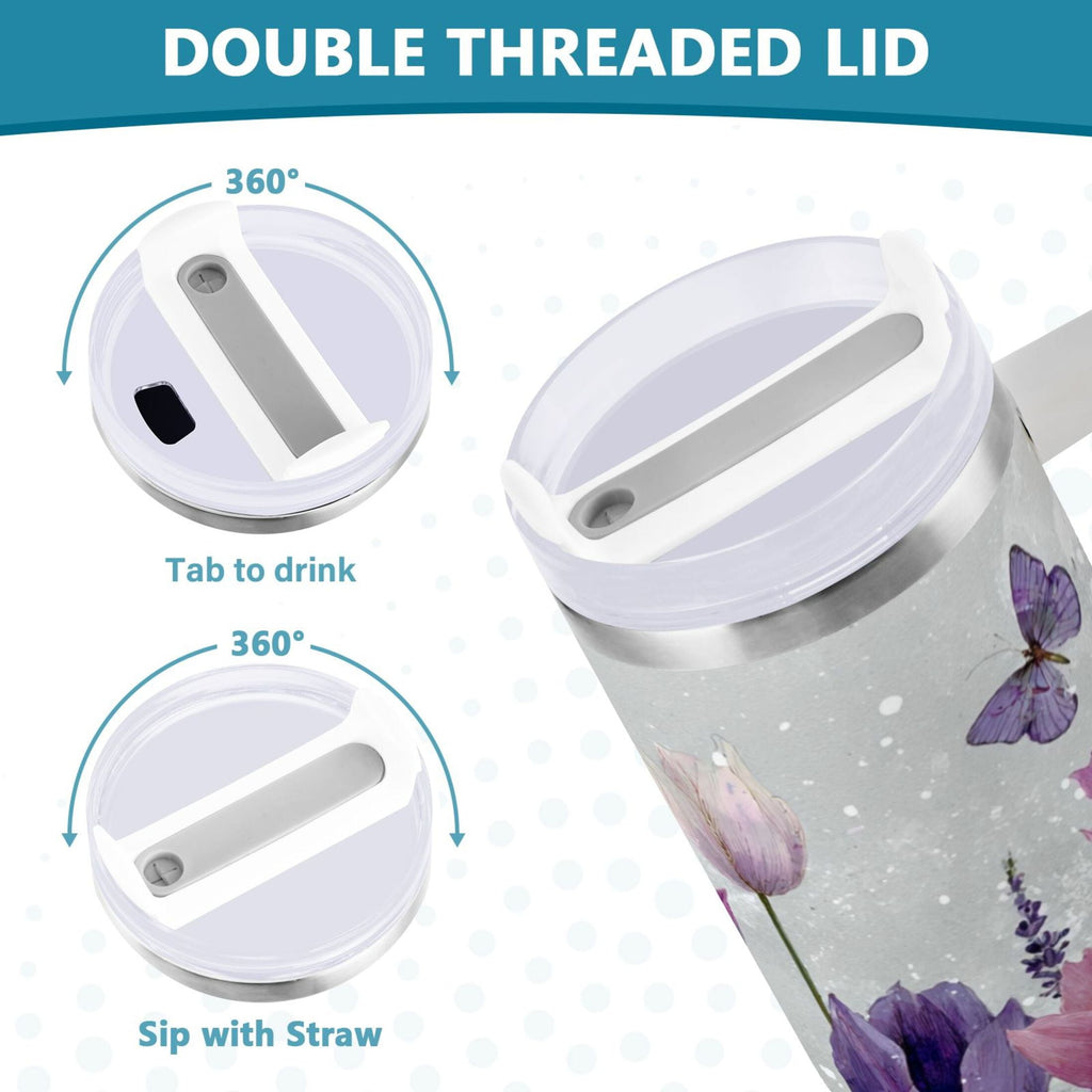 40 oz Insulated Stainless Steel Tumbler Double Wall Stainless Steel Tumbler with 2-Way Drinking Colorful Tulips and Lavender - U4YT
