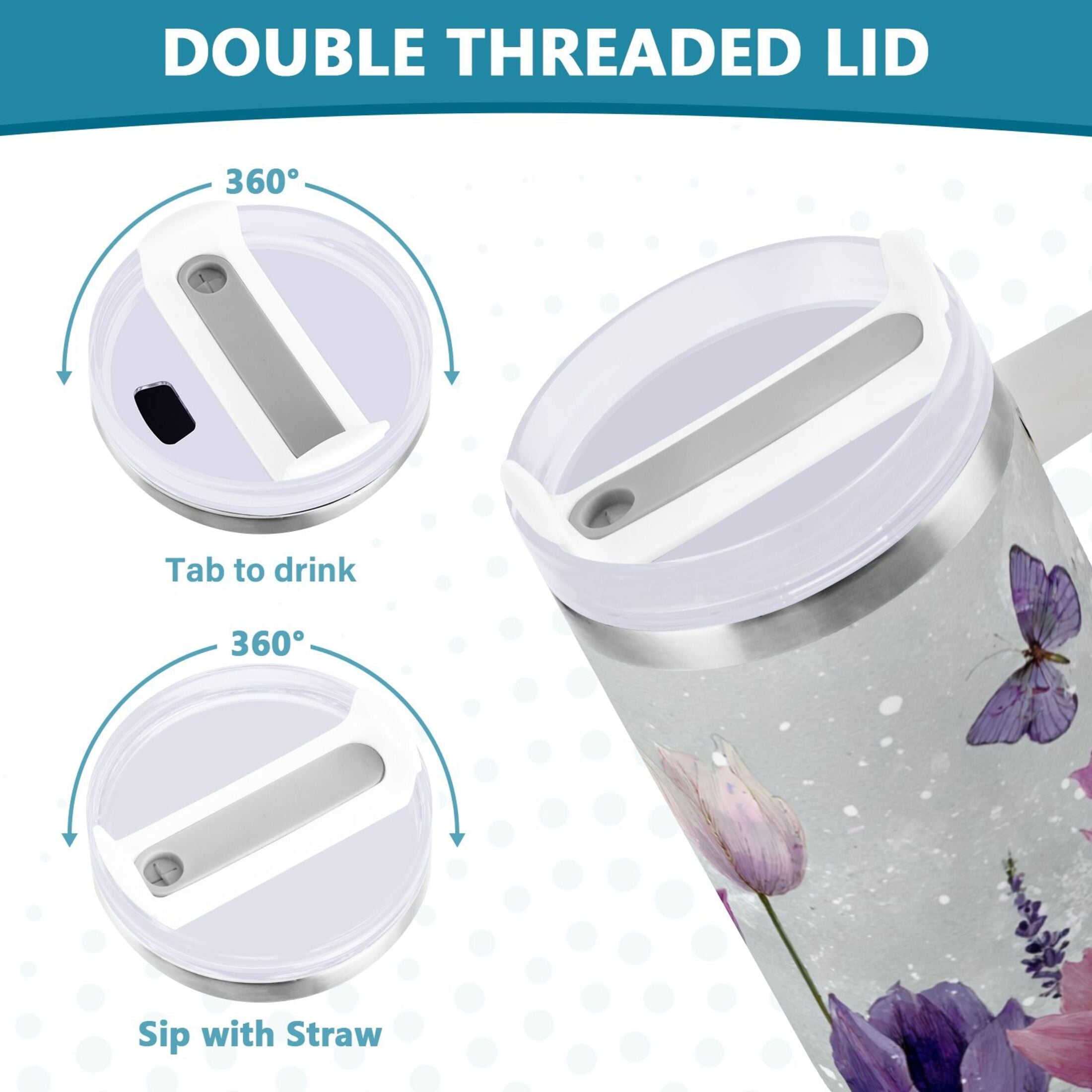 40 oz Insulated Stainless Steel Tumbler Double Wall Stainless Steel Tumbler with 2-Way Drinking Colorful Tulips and Lavender - U4YT