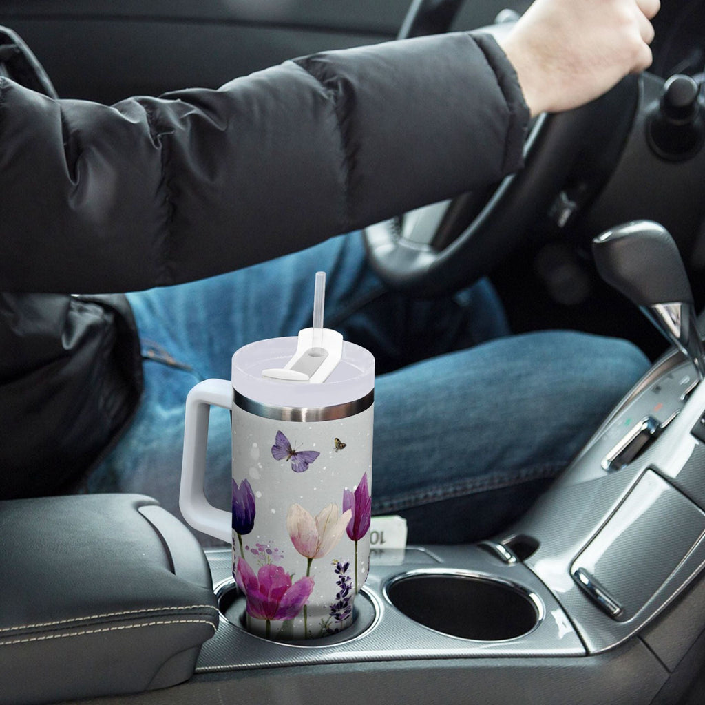 40 oz Insulated Stainless Steel Tumbler Double Wall Stainless Steel Tumbler with 2-Way Drinking Colorful Tulips and Lavender - U4YT