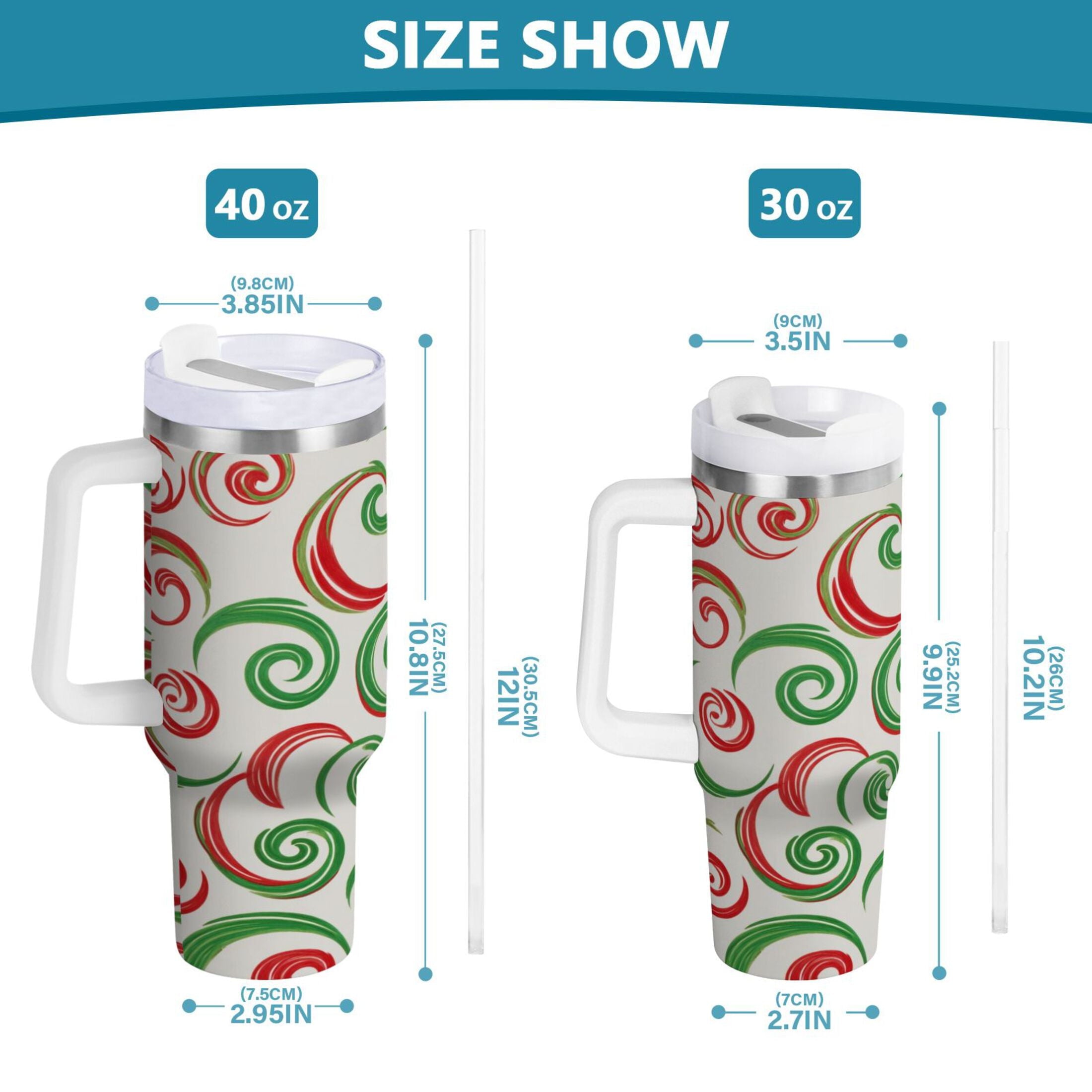40 oz Insulated Stainless Steel Tumbler Double Wall Stainless Steel Tumbler with 2-Way Drinking Red and Green Swirls - D6DI