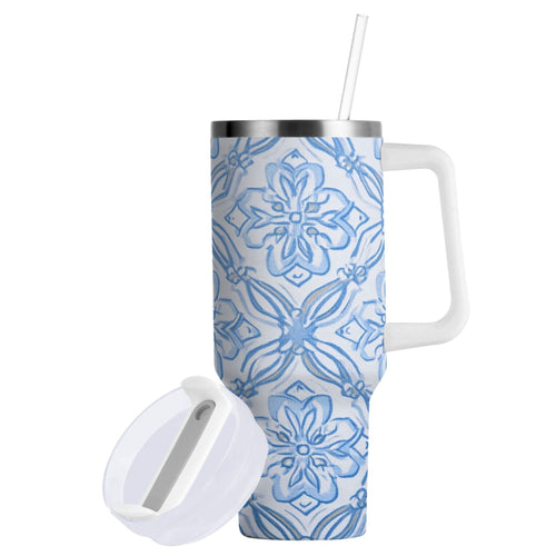 30 oz Insulated Stainless Steel Tumbler Double Wall Stainless Steel Tumbler with 2-Way Drinking Blue Elegant Geometric Design - 789V