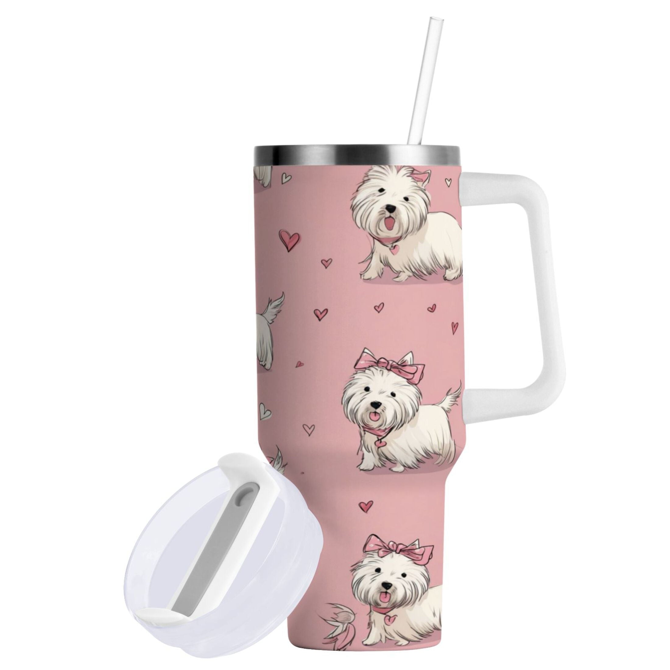 30 oz Insulated Stainless Steel Tumbler Double Wall Stainless Steel Tumbler with 2-Way Drinking Dogs Wearing Bows - DQZ2