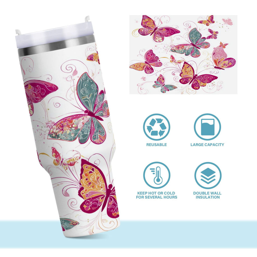 30 oz Insulated Stainless Steel Tumbler Double Wall Stainless Steel Tumbler with 2-Way Drinking Colorful Butterflies - VH11
