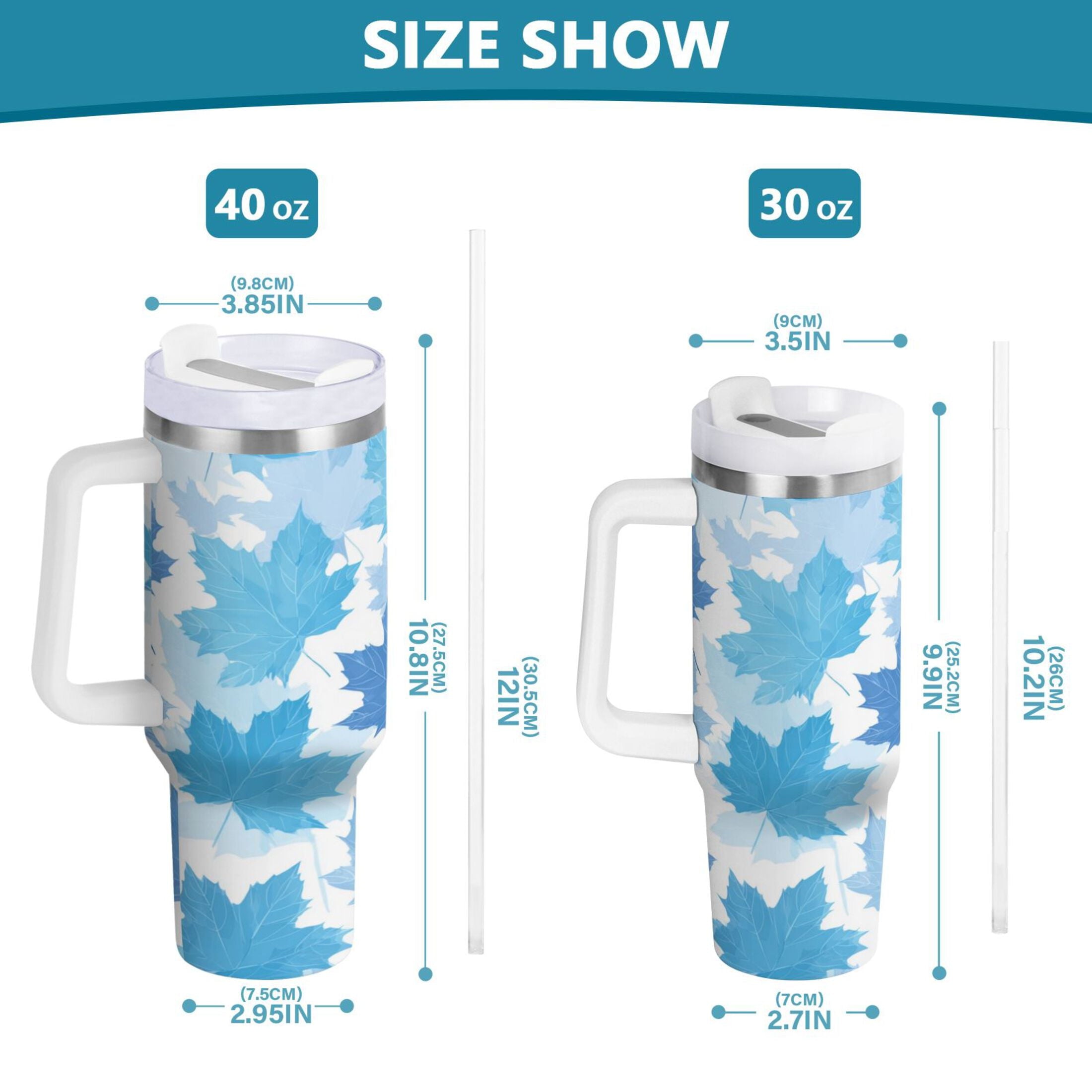 30 oz Insulated Stainless Steel Tumbler Double Wall Stainless Steel Tumbler with 2-Way Drinking Light Blue Maple Leaves - 6OGE