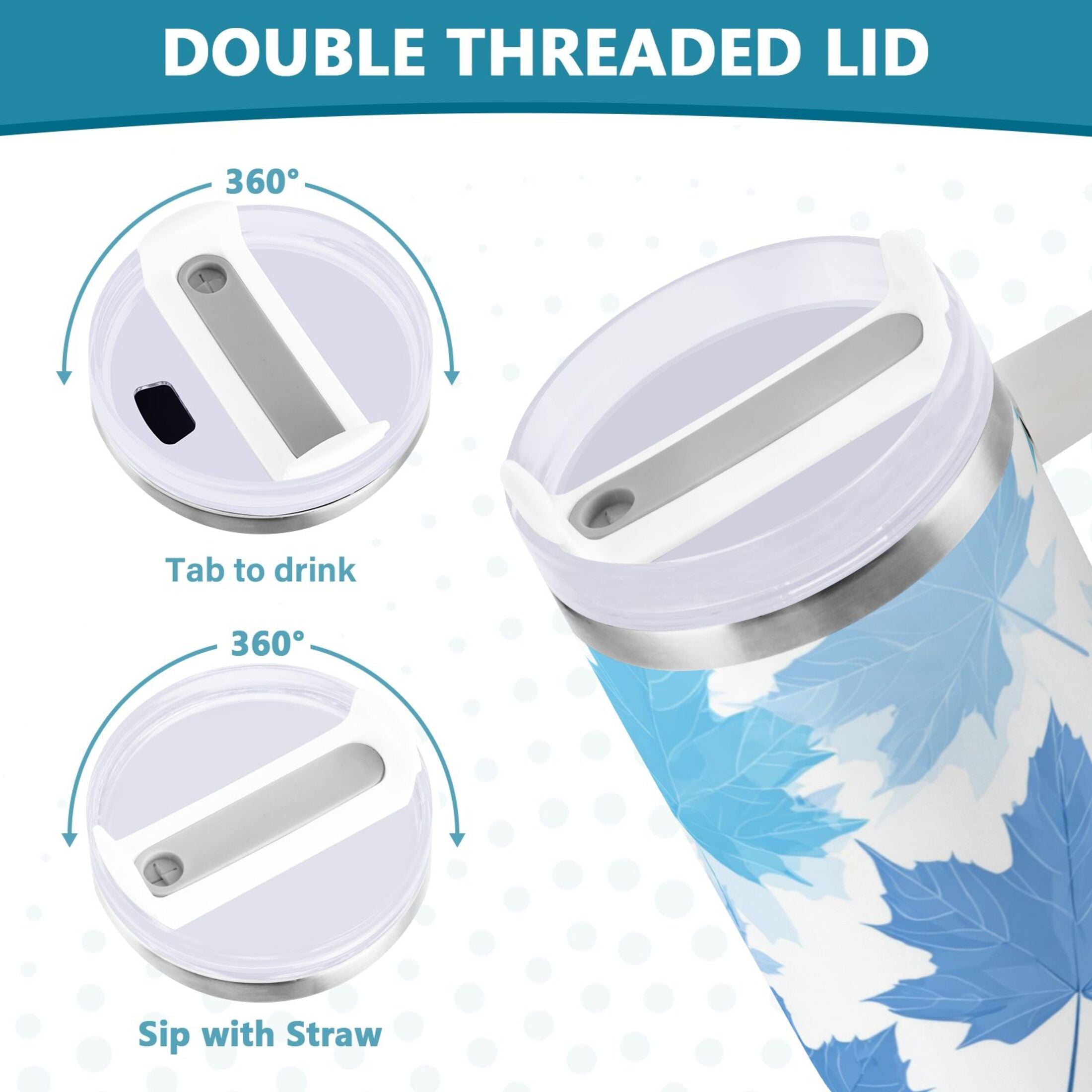 30 oz Insulated Stainless Steel Tumbler Double Wall Stainless Steel Tumbler with 2-Way Drinking Light Blue Maple Leaves - 6OGE