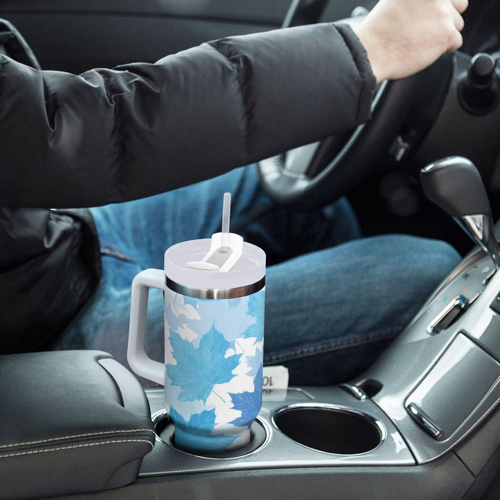 30 oz Insulated Stainless Steel Tumbler Double Wall Stainless Steel Tumbler with 2-Way Drinking Light Blue Maple Leaves - 6OGE