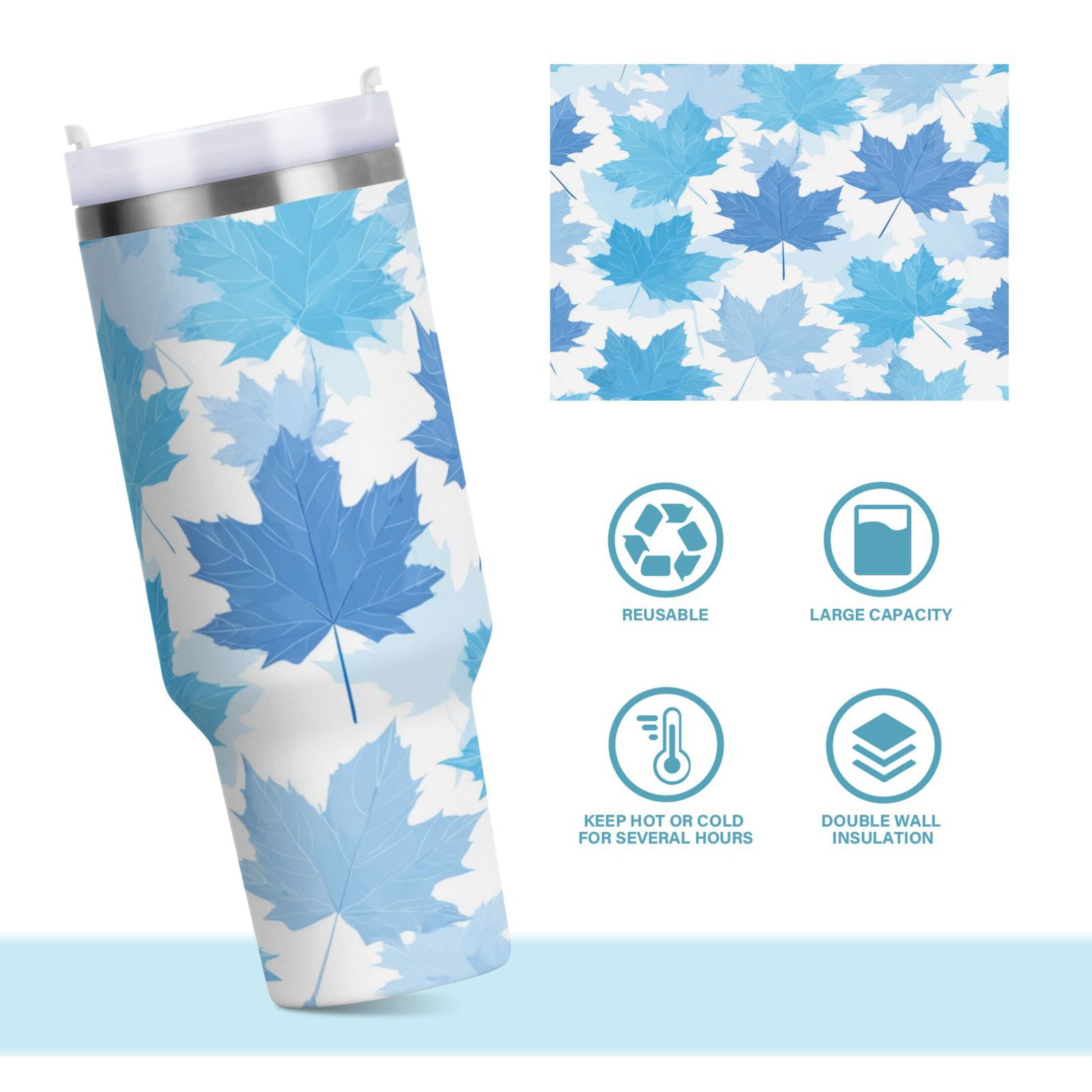 30 oz Insulated Stainless Steel Tumbler Double Wall Stainless Steel Tumbler with 2-Way Drinking Light Blue Maple Leaves - 6OGE