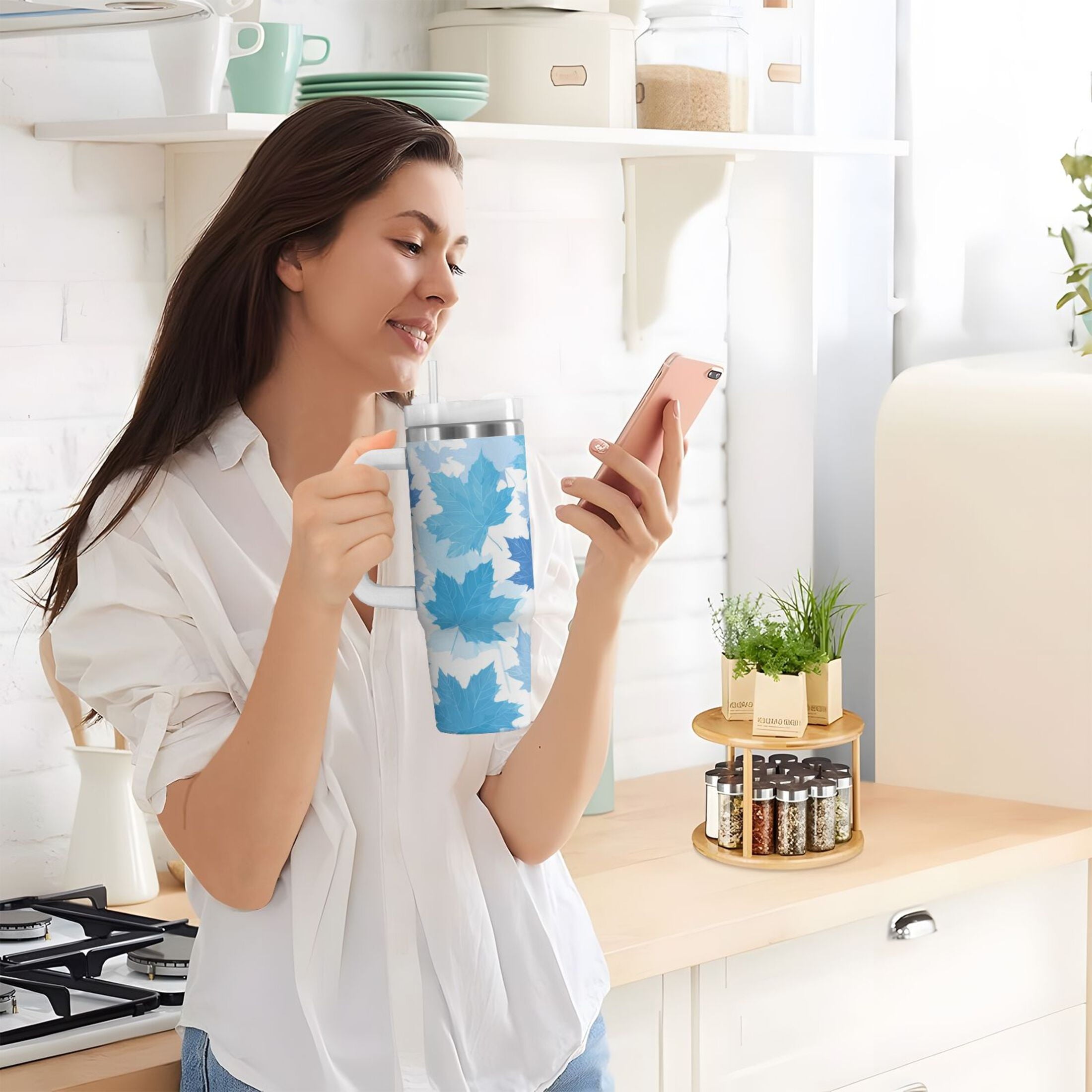 30 oz Insulated Stainless Steel Tumbler Double Wall Stainless Steel Tumbler with 2-Way Drinking Light Blue Maple Leaves - 6OGE