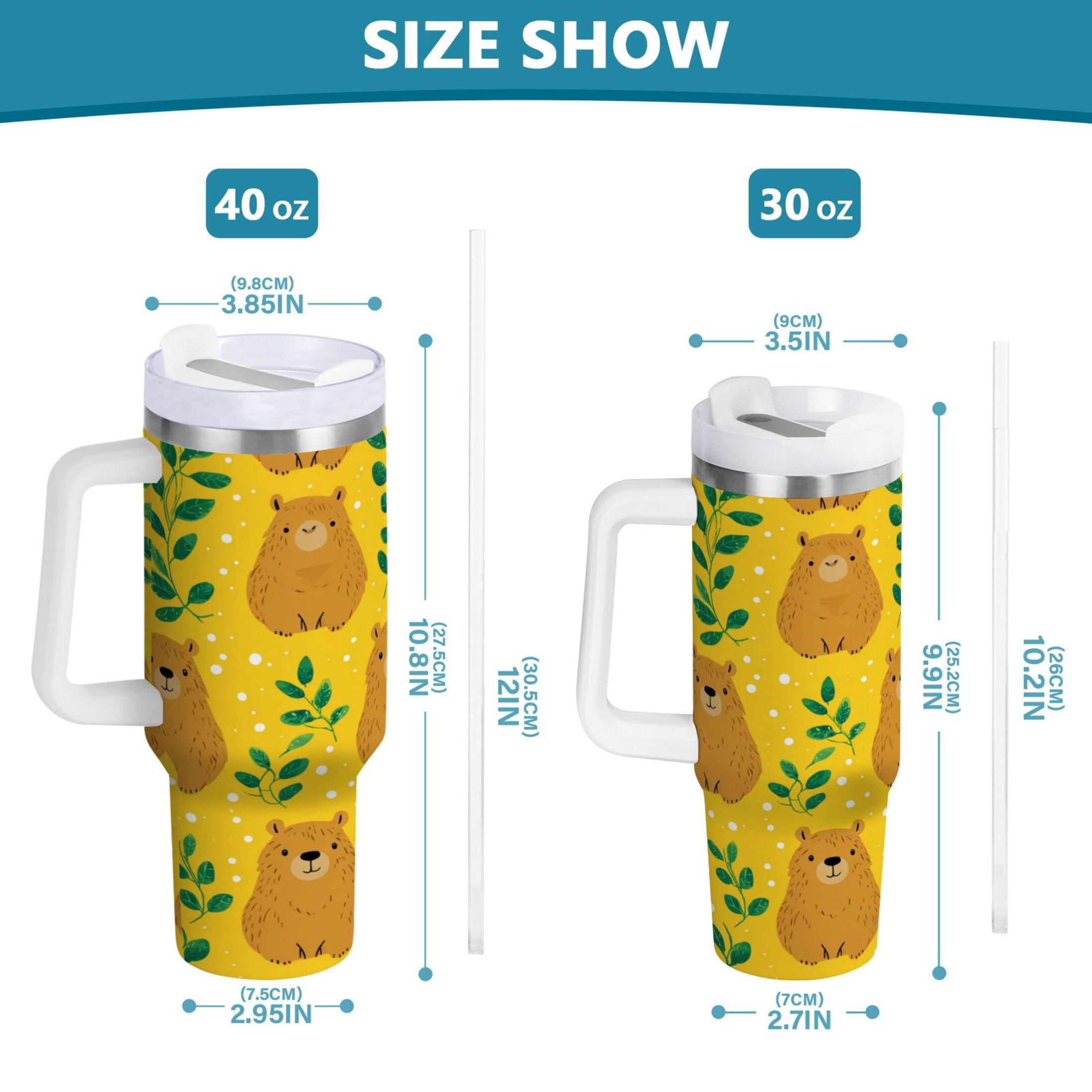 30 oz Insulated Stainless Steel Tumbler Double Wall Stainless Steel Tumbler with 2-Way Drinking Capybara and Green Leaves - 6K7W