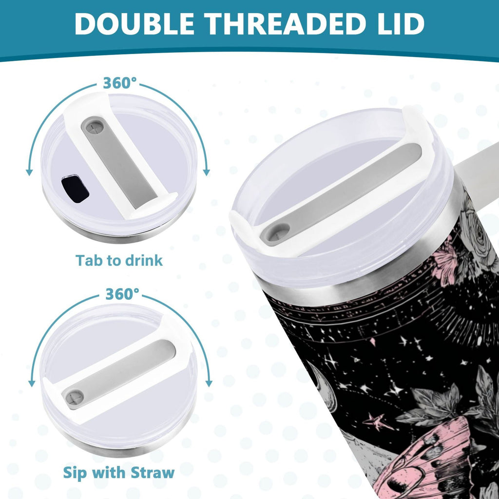 30 oz Insulated Stainless Steel Tumbler Double Wall Stainless Steel Tumbler with 2-Way Drinking Butterfly by Moon and Flowers - M043