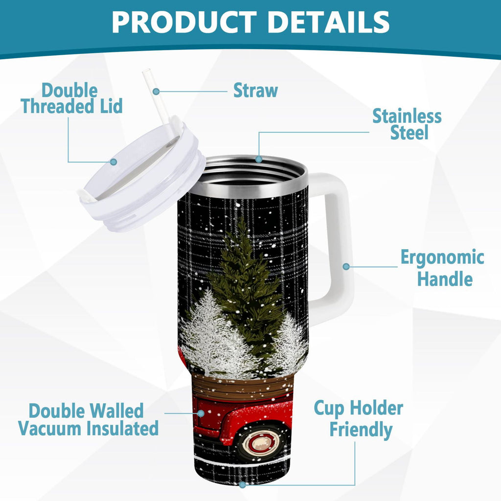 40 oz Insulated Stainless Steel Tumbler Double Wall Stainless Steel Tumbler with 2-Way Drinking Red Truck with Christmas Tree - D5ZO